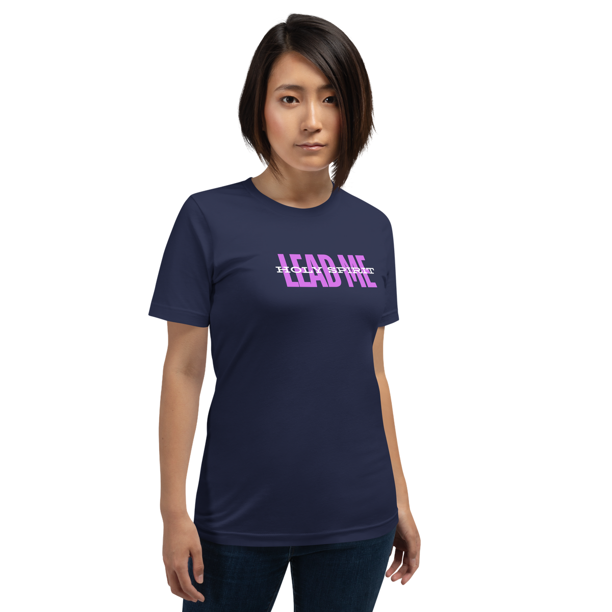 Holy Spirit Lead Me Romans 8:14 Christian T-Shirt — navy, shown on model