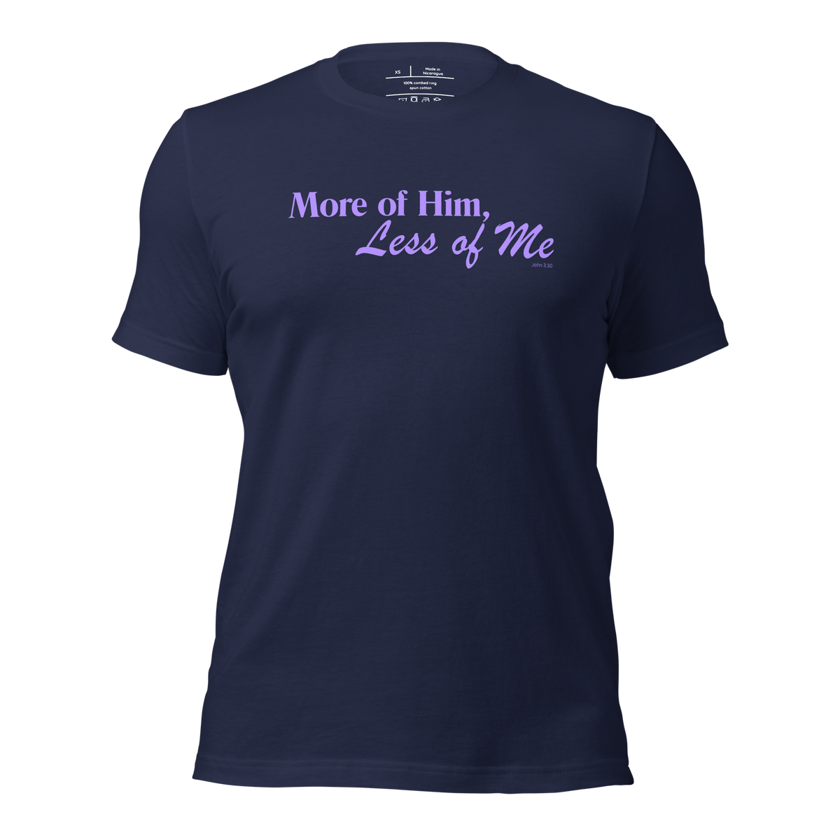 More of Him, Less of Me John 3:30 Christian T-Shirt — navy, product mockup