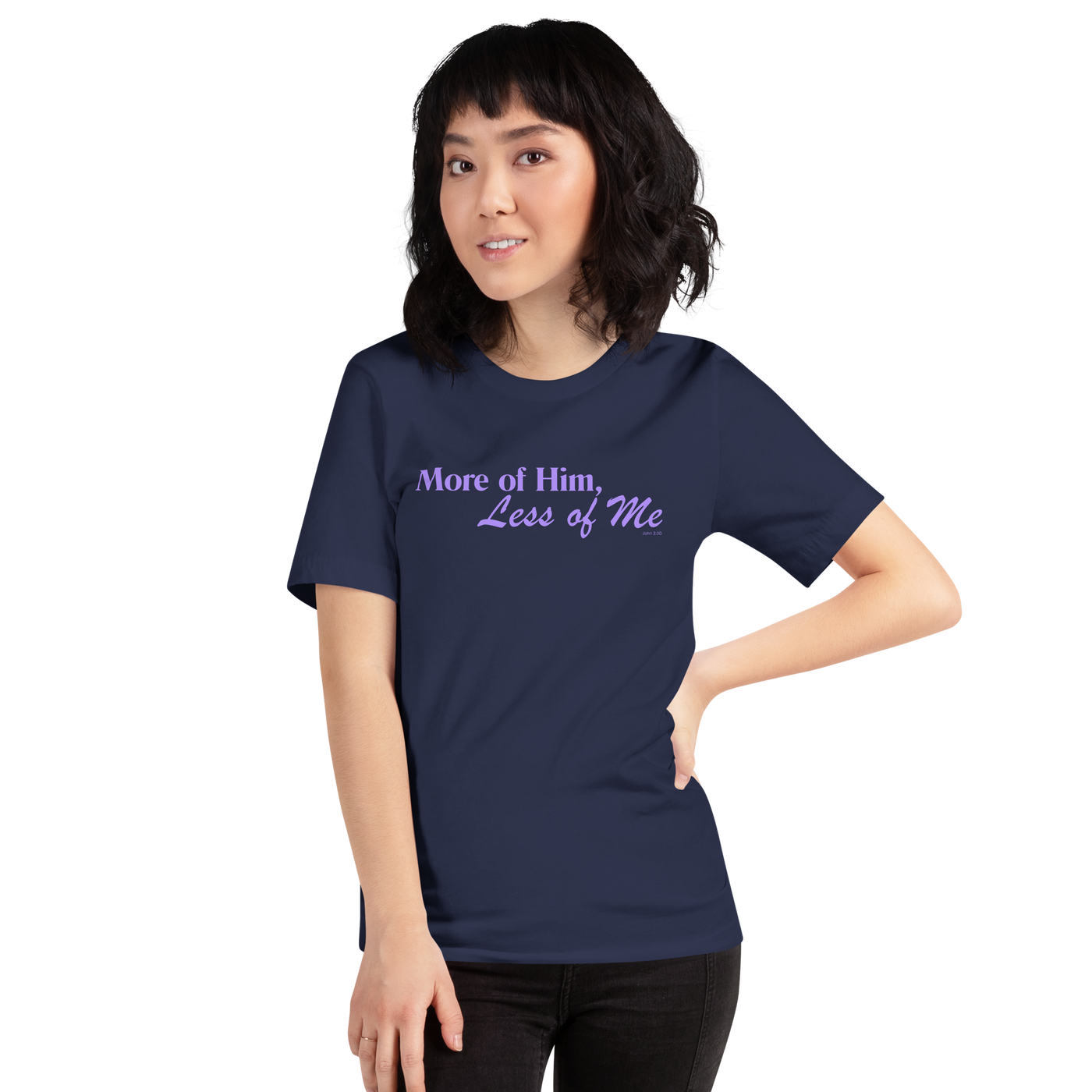 More of Him, Less of Me John 3:30 Christian T-Shirt — navy, shown on model