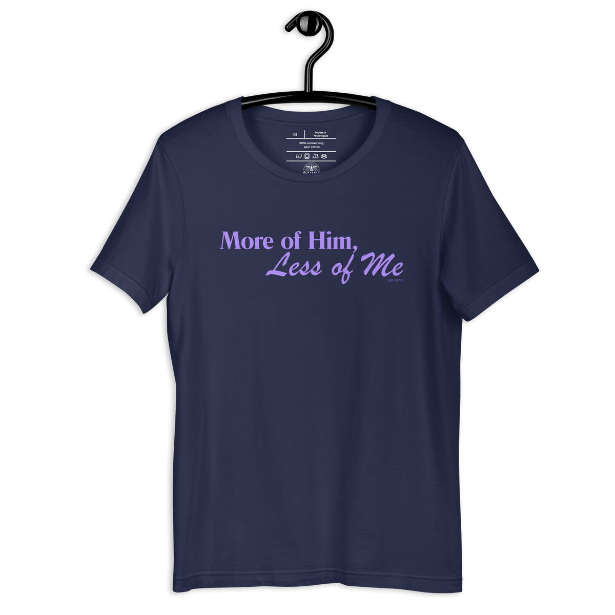 More of Him, Less of Me John 3:30 Christian T-Shirt — navy, hanging view