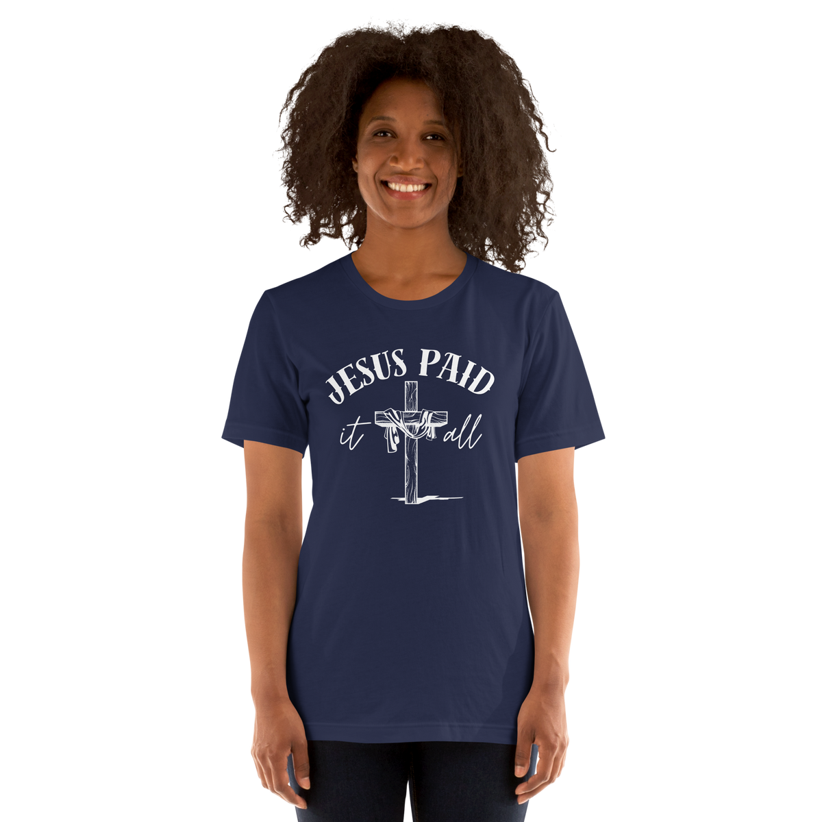 Jesus Paid It All Ephesians 2:8–9 Christian T-Shirt — navy, shown on model