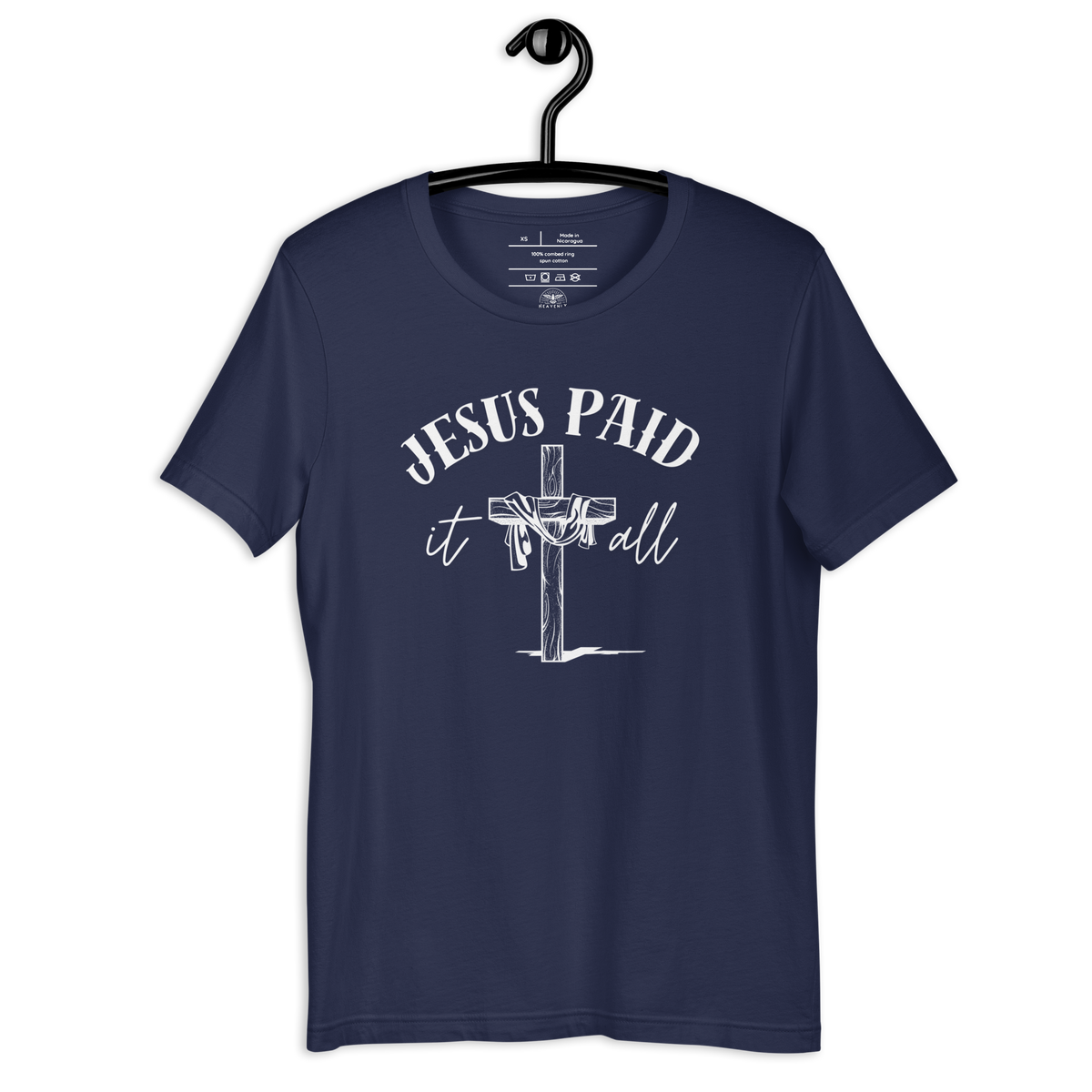 Jesus Paid It All Ephesians 2:8–9 Christian T-Shirt — navy, hanging view