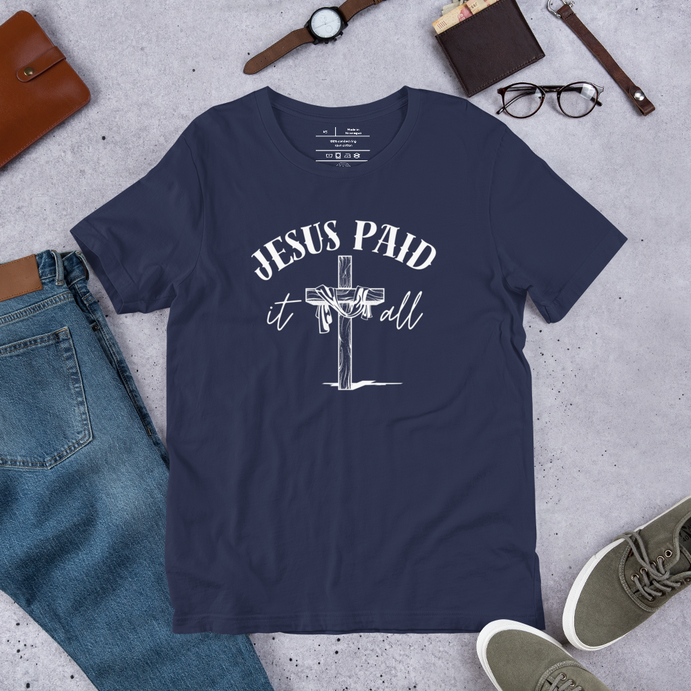 Jesus Paid It All Ephesians 2:8–9 Christian T-Shirt — navy, front view 2