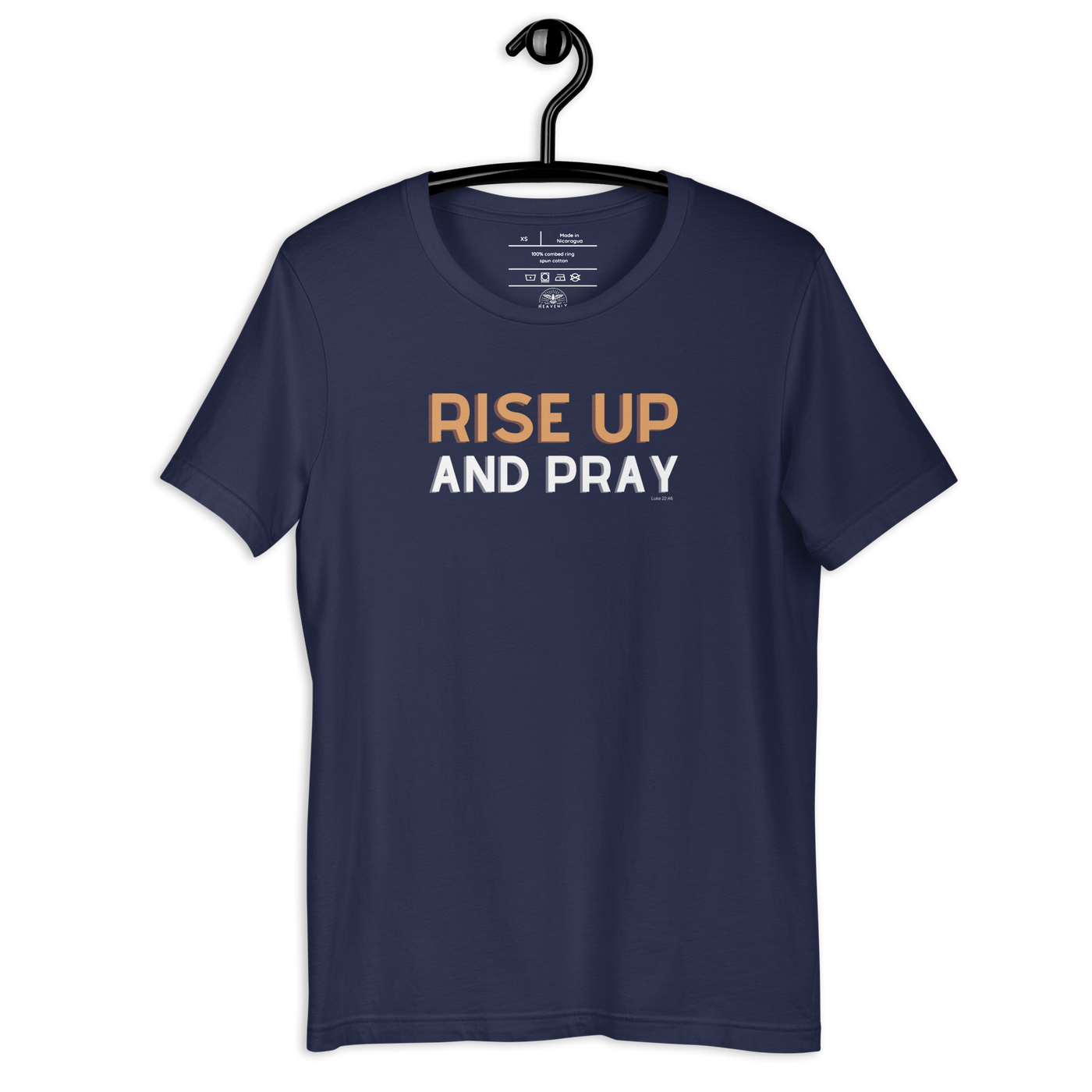 Rise Up and Pray Luke 22:46 Navy Christian T-Shirt — navy, front and back views