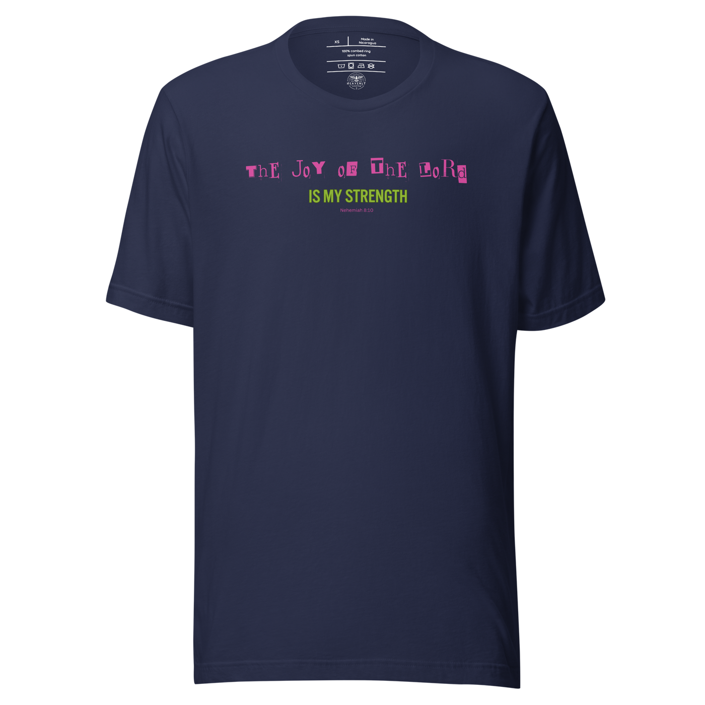Joy of the Lord Nehemiah 8:10 Navy Christian T-Shirt — navy, front and back views