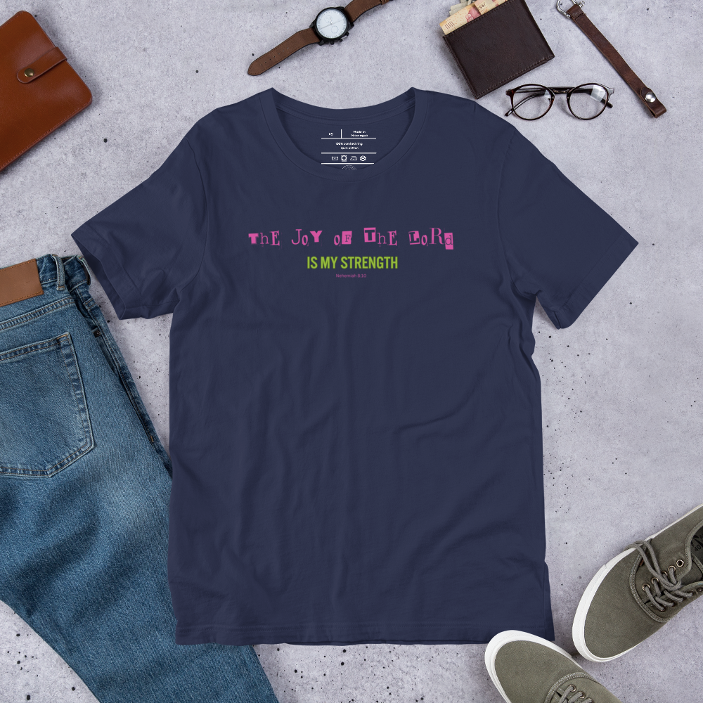 Joy of the Lord Nehemiah 8:10 Navy Christian T-Shirt — navy, front and back views 3