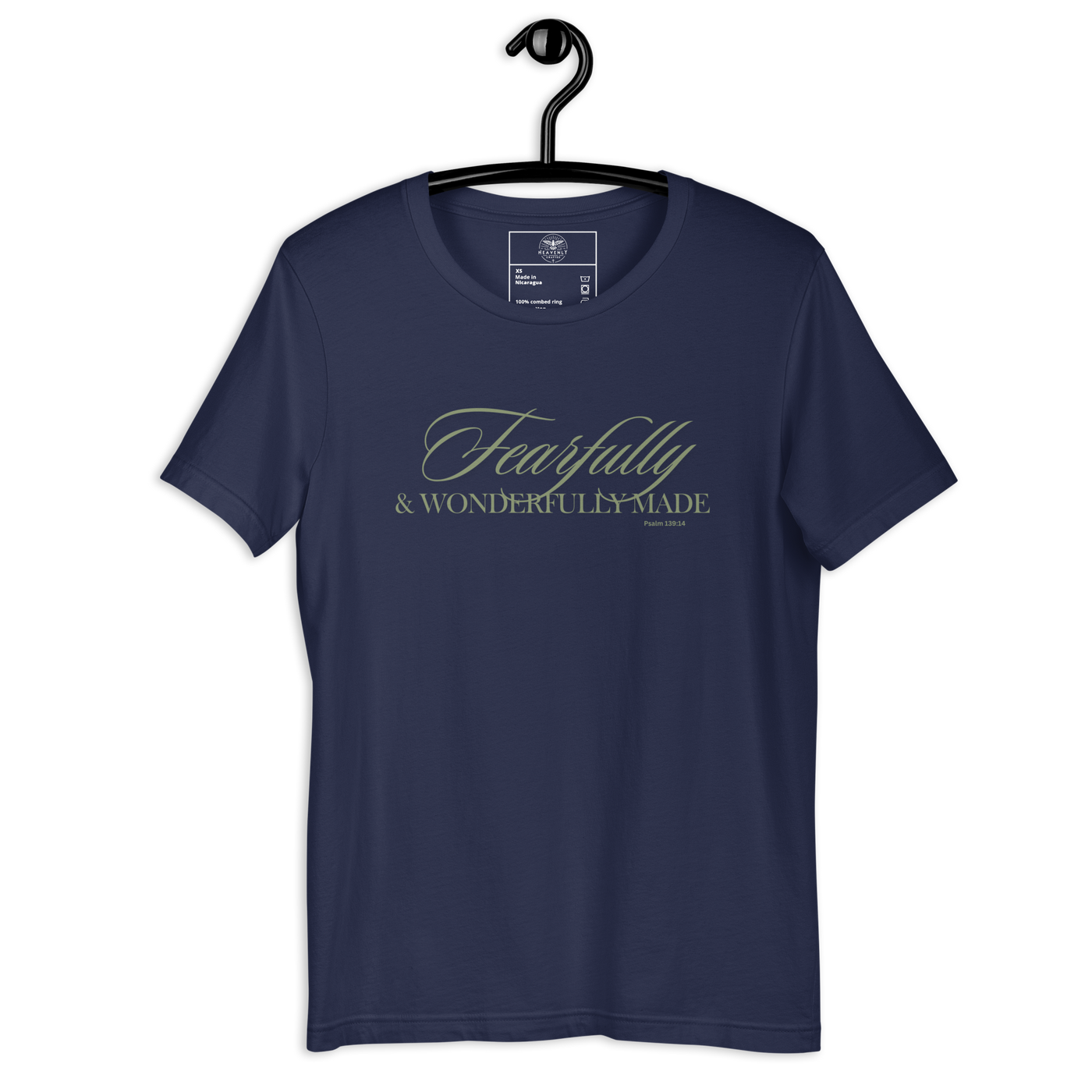 Wonderfully Made Psalm 139:14 Navy Christian T-Shirt — navy, front and back views