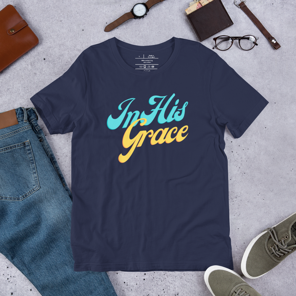 In His Grace Ephesians 2:8 Navy Christian T-Shirt — navy, lifestyle view