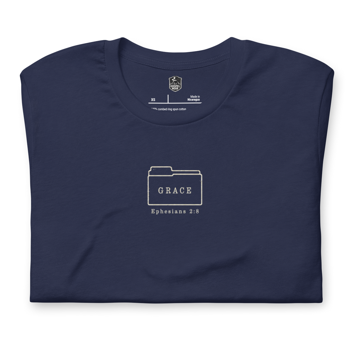 Filed Under Grace Ephesians 2:8 Christian T-Shirt — navy, folded view 2