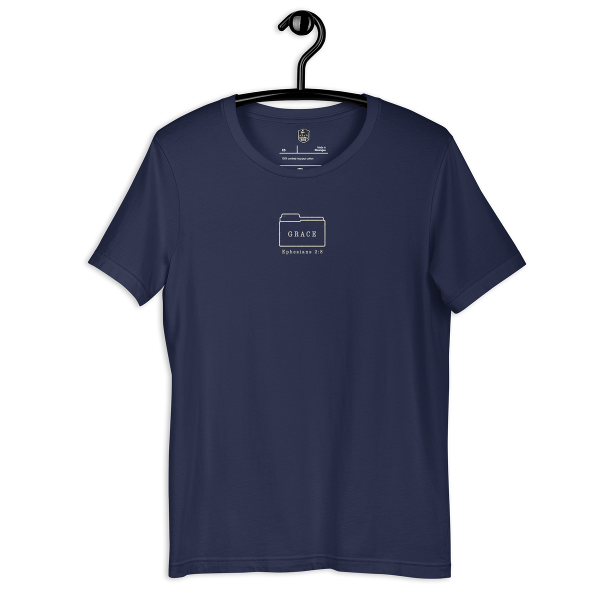 Filed Under Grace Ephesians 2:8 Christian T-Shirt — navy, hanging view