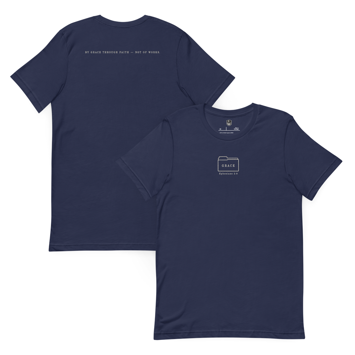 Filed Under Grace Ephesians 2:8 Christian T-Shirt — navy, front and back views