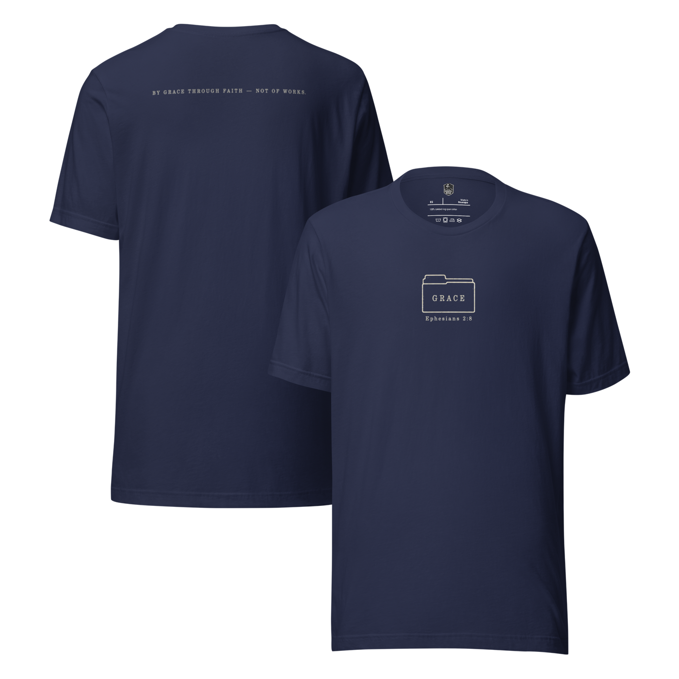 Filed Under Grace Ephesians 2:8 Christian T-Shirt — navy, front and back views 2