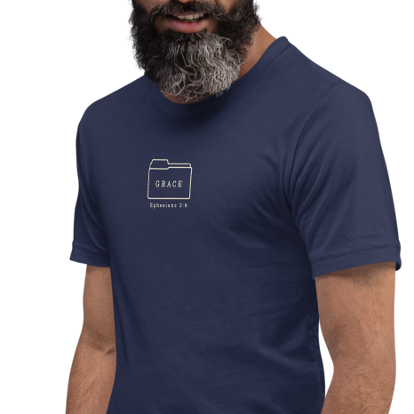 Filed Under Grace Ephesians 2:8 Christian T-Shirt — navy, front left. Gospel Noir Christian T-shirt by Heavenly Crafted, film noir Christian apparel
