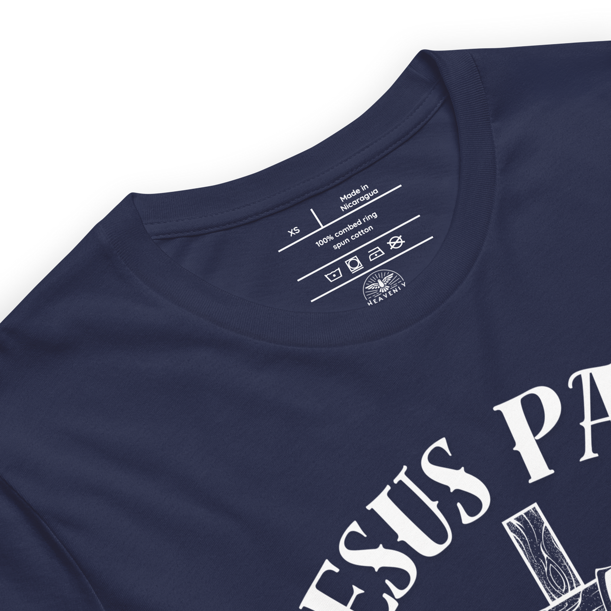 Jesus Paid It All Ephesians 2:8–9 Christian T-Shirt — navy, label and care detail