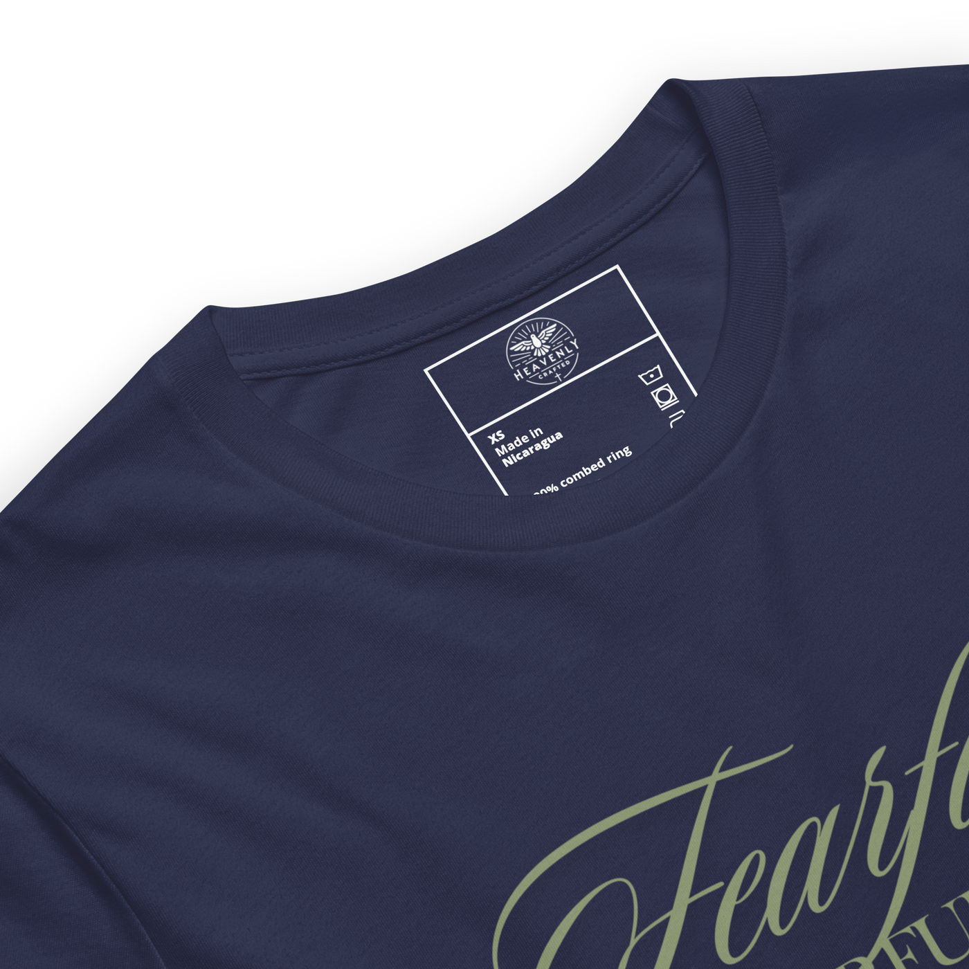 Wonderfully Made Psalm 139:14 Navy Christian T-Shirt — navy, label and care detail 2