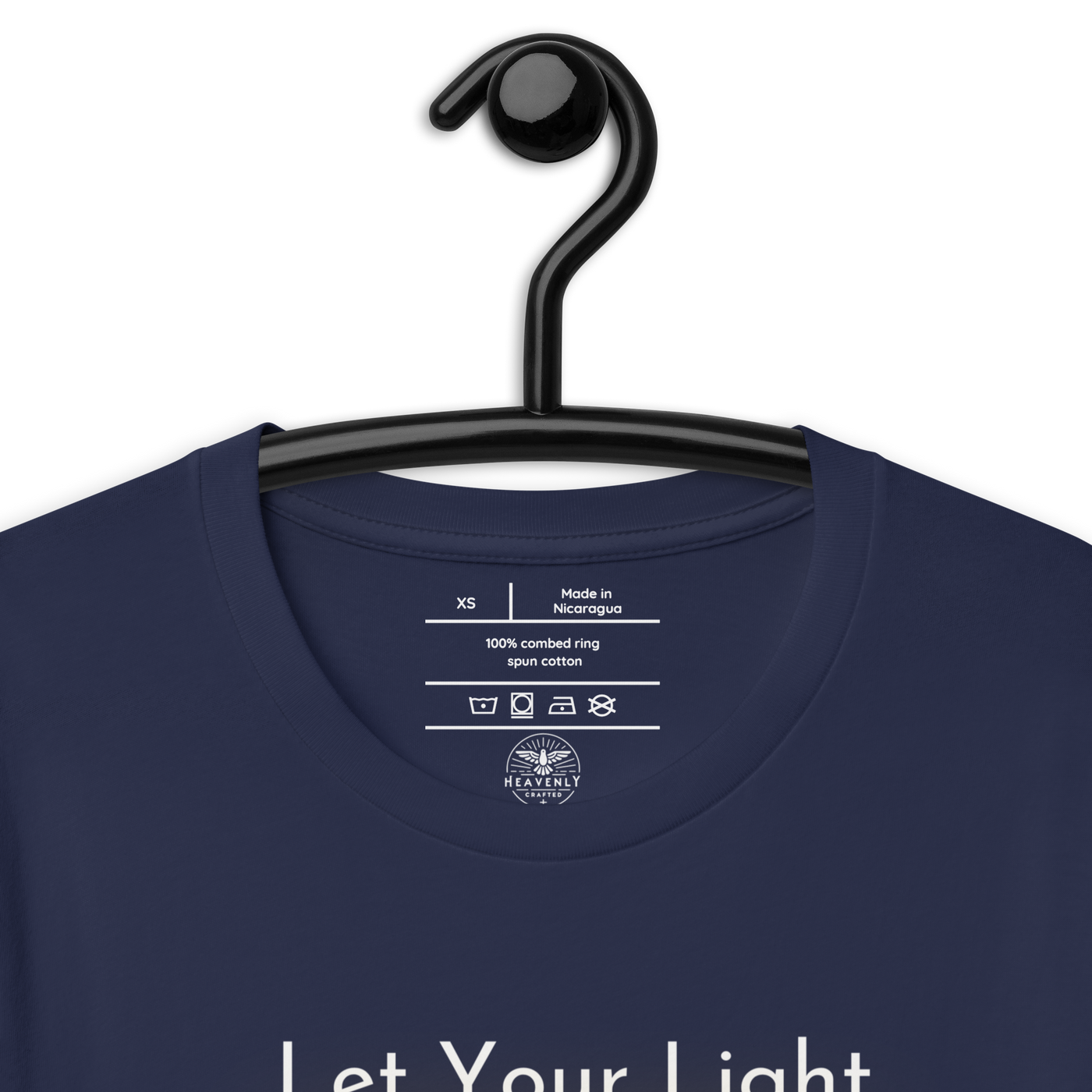 Let Your Light Shine Matthew 5:16 Navy Christian T-Shirt — navy, label and care detail 2