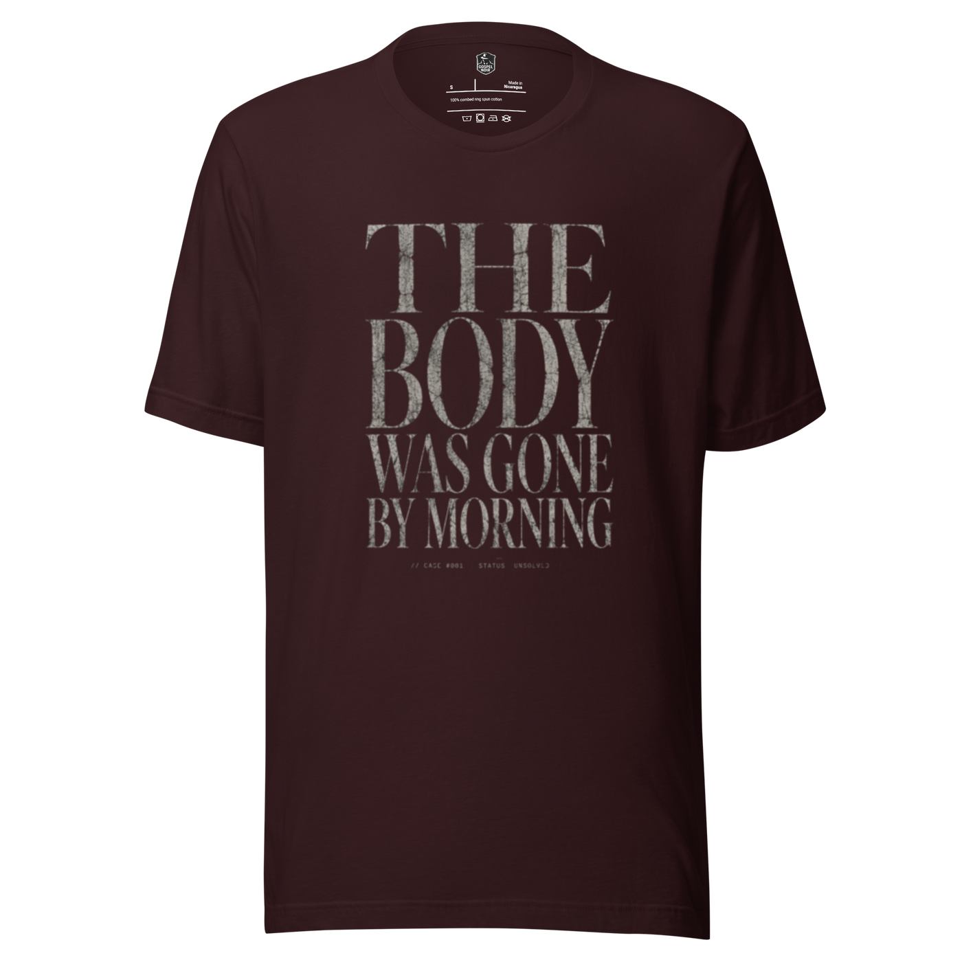 The Body Was Gone by Morning Christian T-Shirt — oxblood black, product view