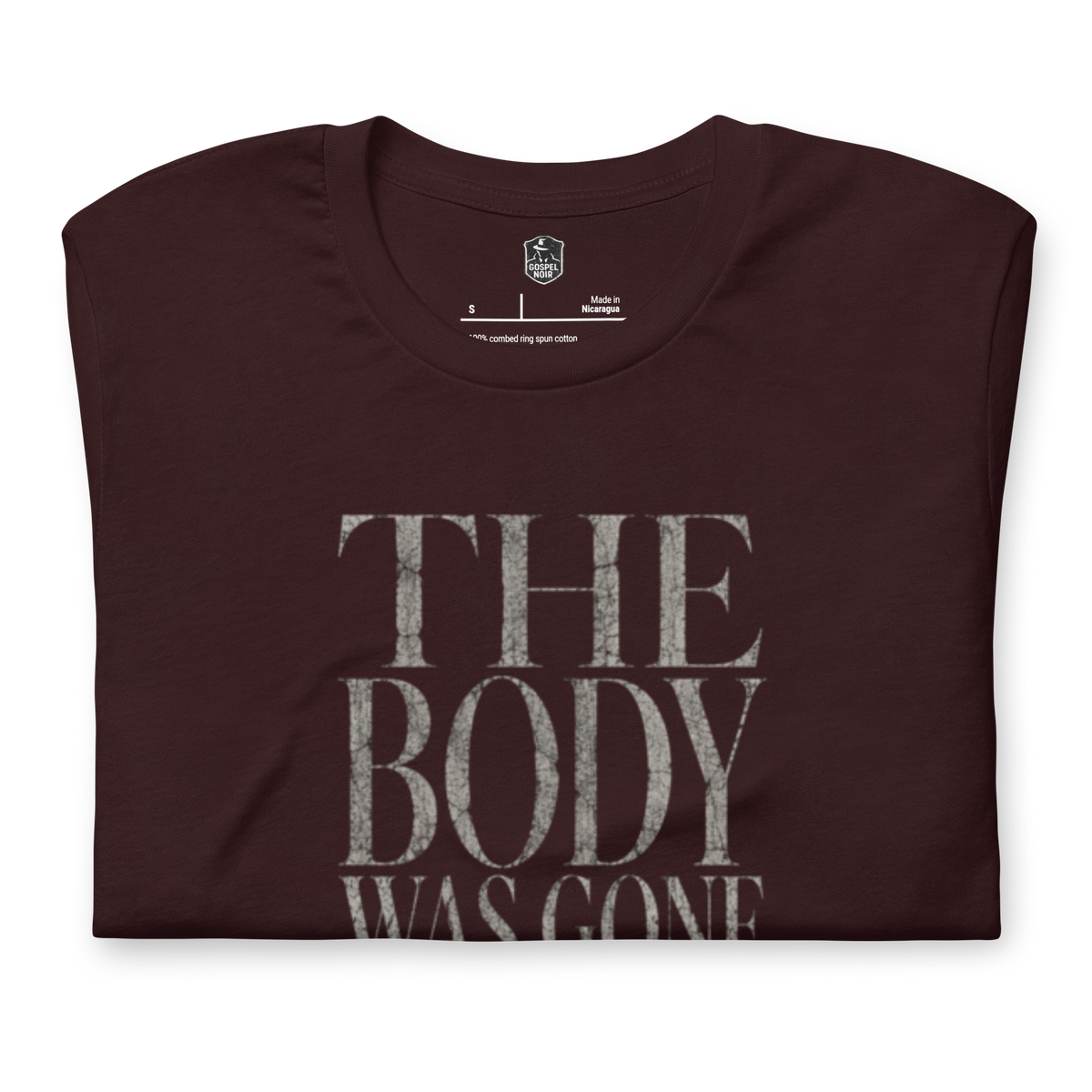 The Body Was Gone by Morning Christian T-Shirt — oxblood black, product view 2