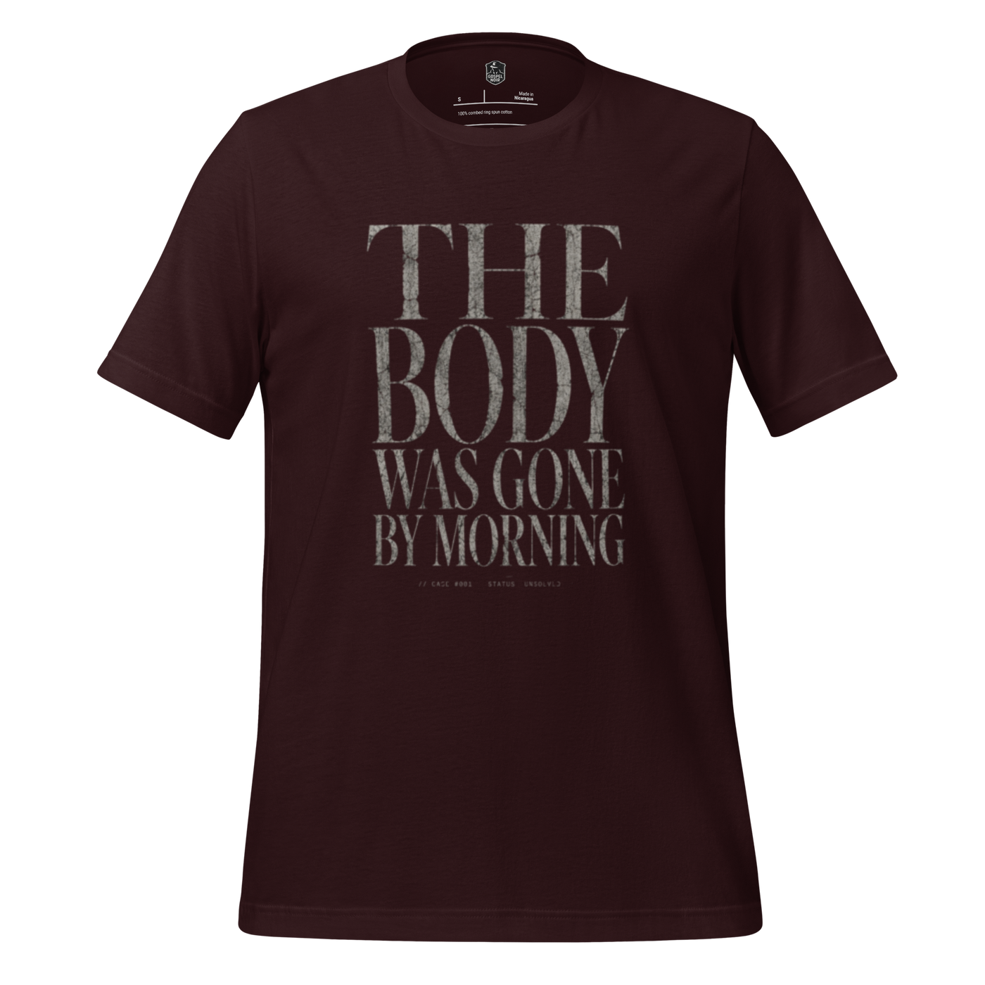 The Body Was Gone by Morning Christian T-Shirt — oxblood black, product view 3