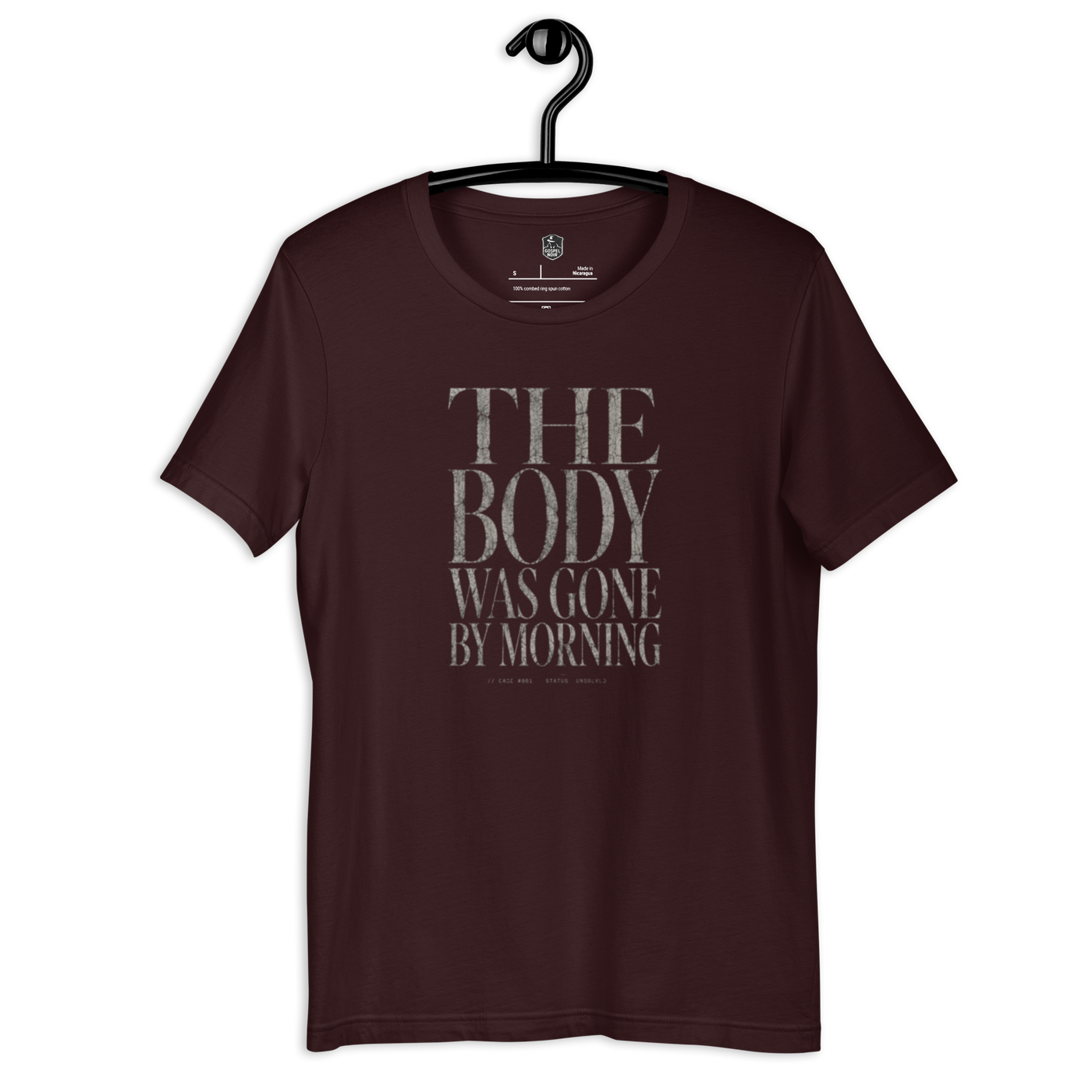 The Body Was Gone by Morning Christian T-Shirt — oxblood black, hanging view