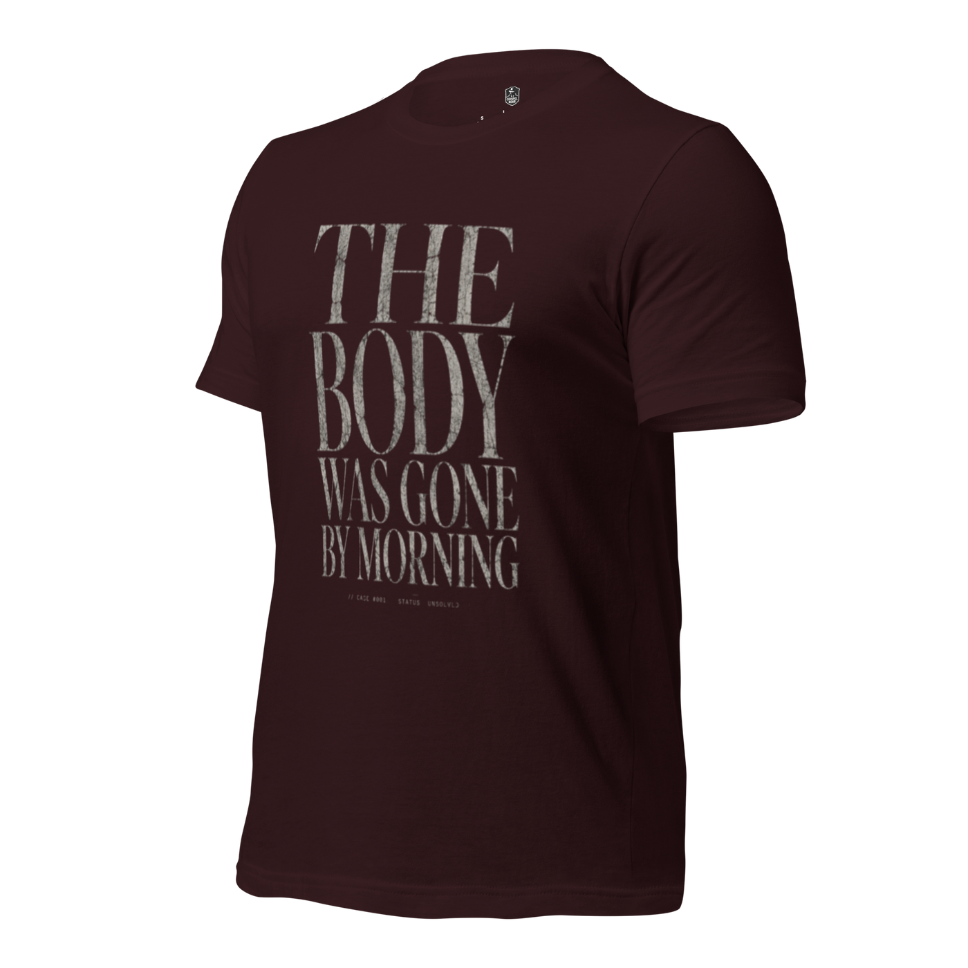 The Body Was Gone by Morning Christian T-Shirt — oxblood black, left-side view