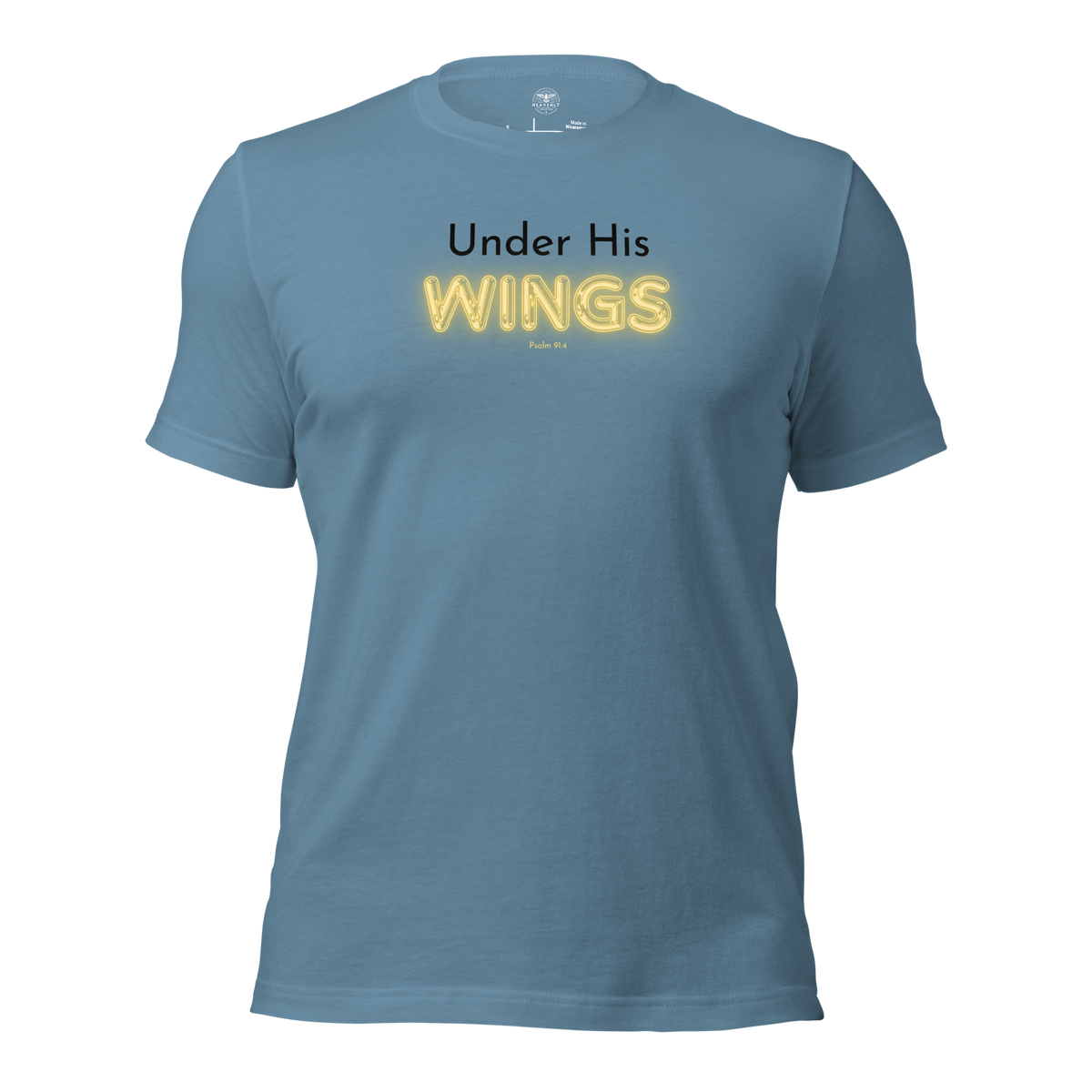 Under His Wings Psalm 91:4 steel blue Christian T-shirt product mockup