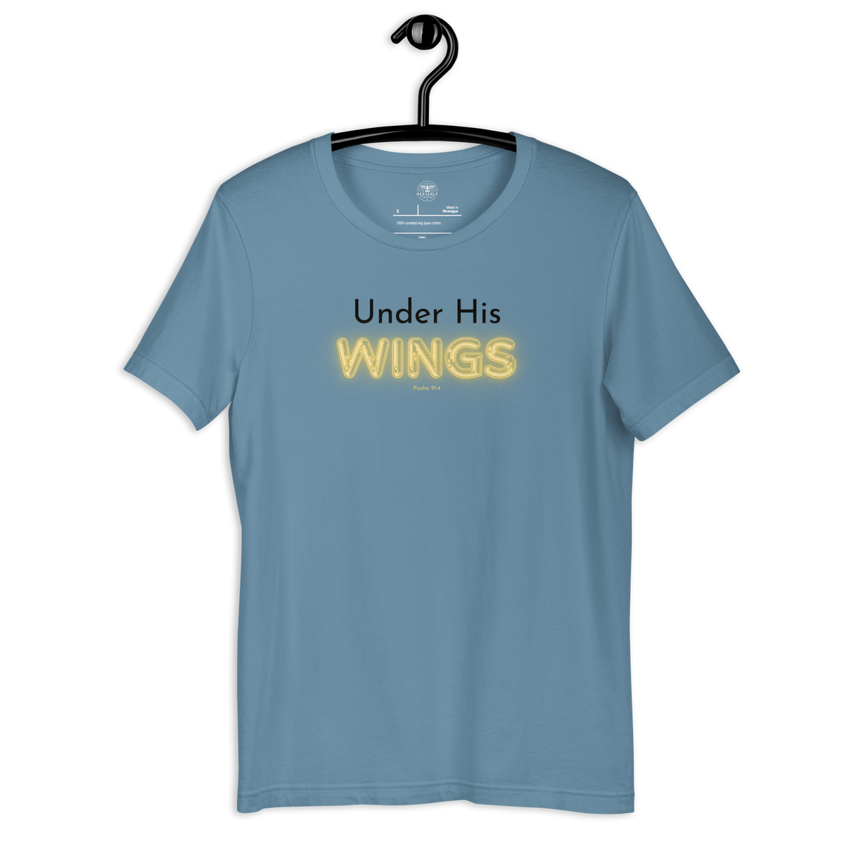 Under His Wings Psalm 91:4 Christian T-Shirt — steel blue, hanging view
