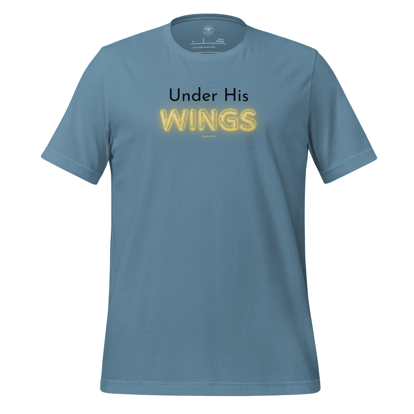 Under His Wings Psalm 91:4 Christian T-Shirt — steel blue, product mockup 3