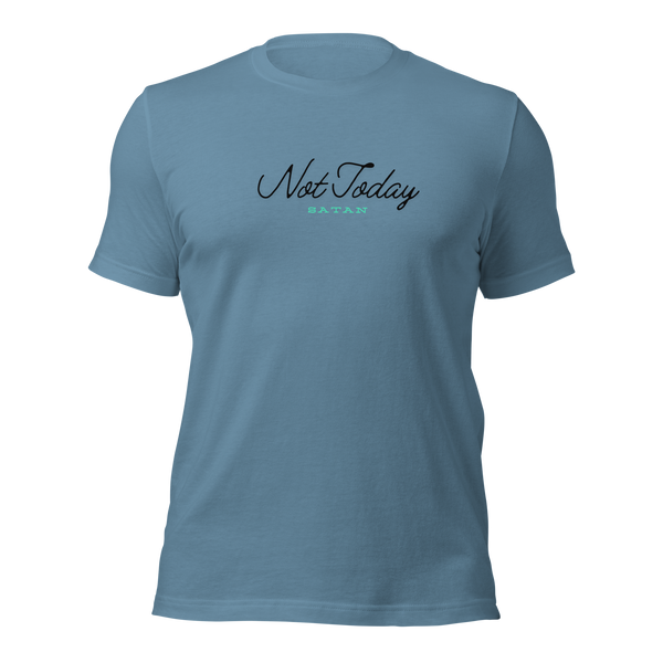 Not Today Satan James 4:7 Steel Blue Christian T-Shirt — steel blue, product mockup. Gospel Noir Christian T-shirt by Heavenly Crafted, Christian streetwear