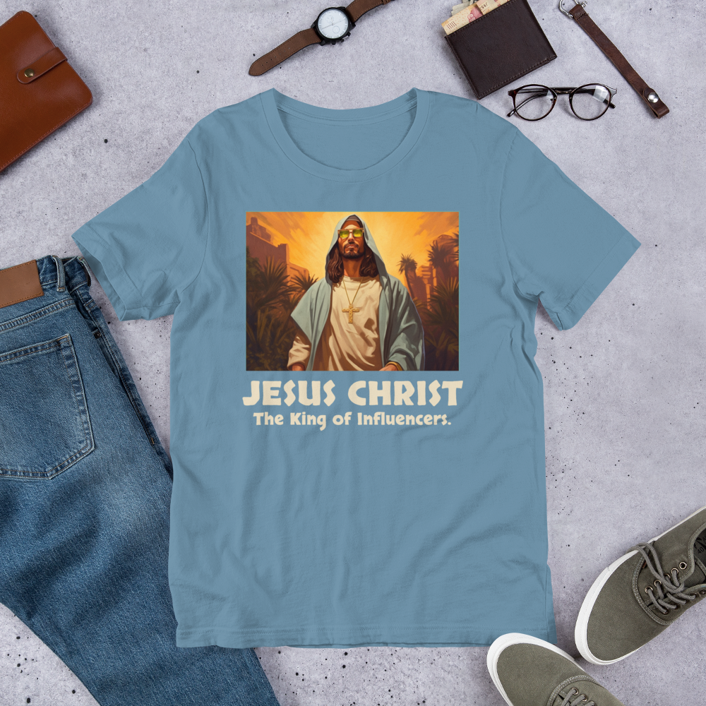 Jesus: King of Influencers Steel Blue Christian T-Shirt — steel blue, front view 9