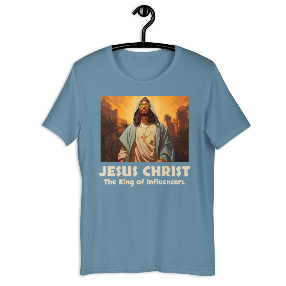 Jesus: King of Influencers Steel Blue Christian T-Shirt — steel blue, front view 4