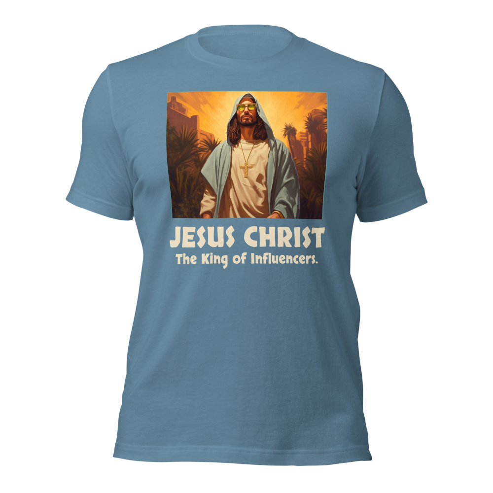 Jesus: King of Influencers Steel Blue Christian T-Shirt — steel blue, front view