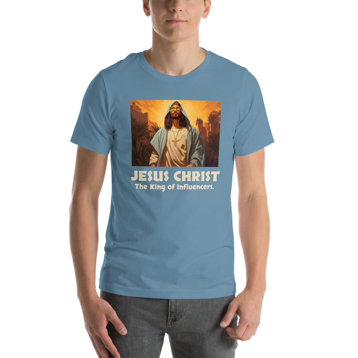 Jesus: King of Influencers Steel Blue Christian T-Shirt — steel blue, front view 6