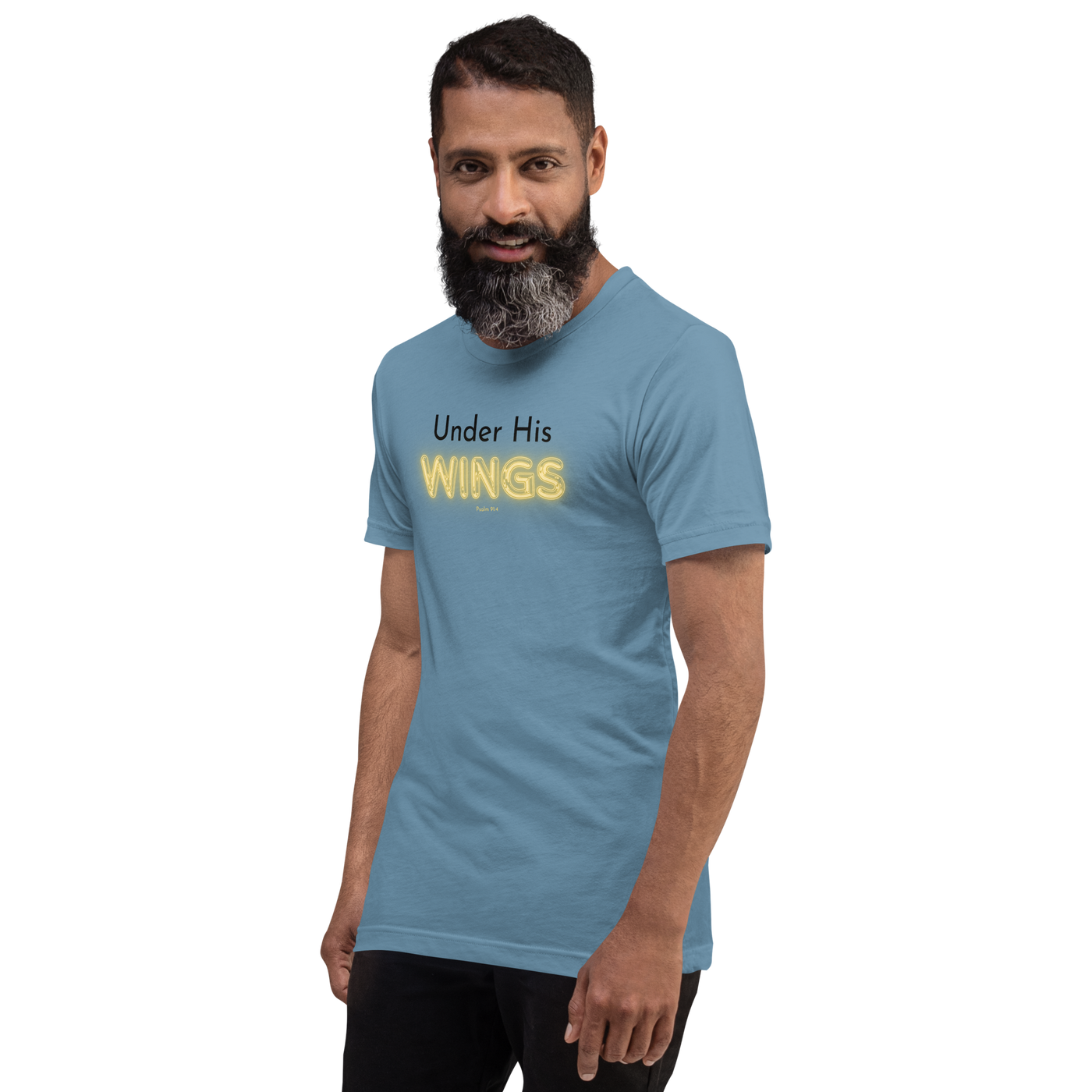Under His Wings Psalm 91:4 Christian T-Shirt — steel blue, left-side view