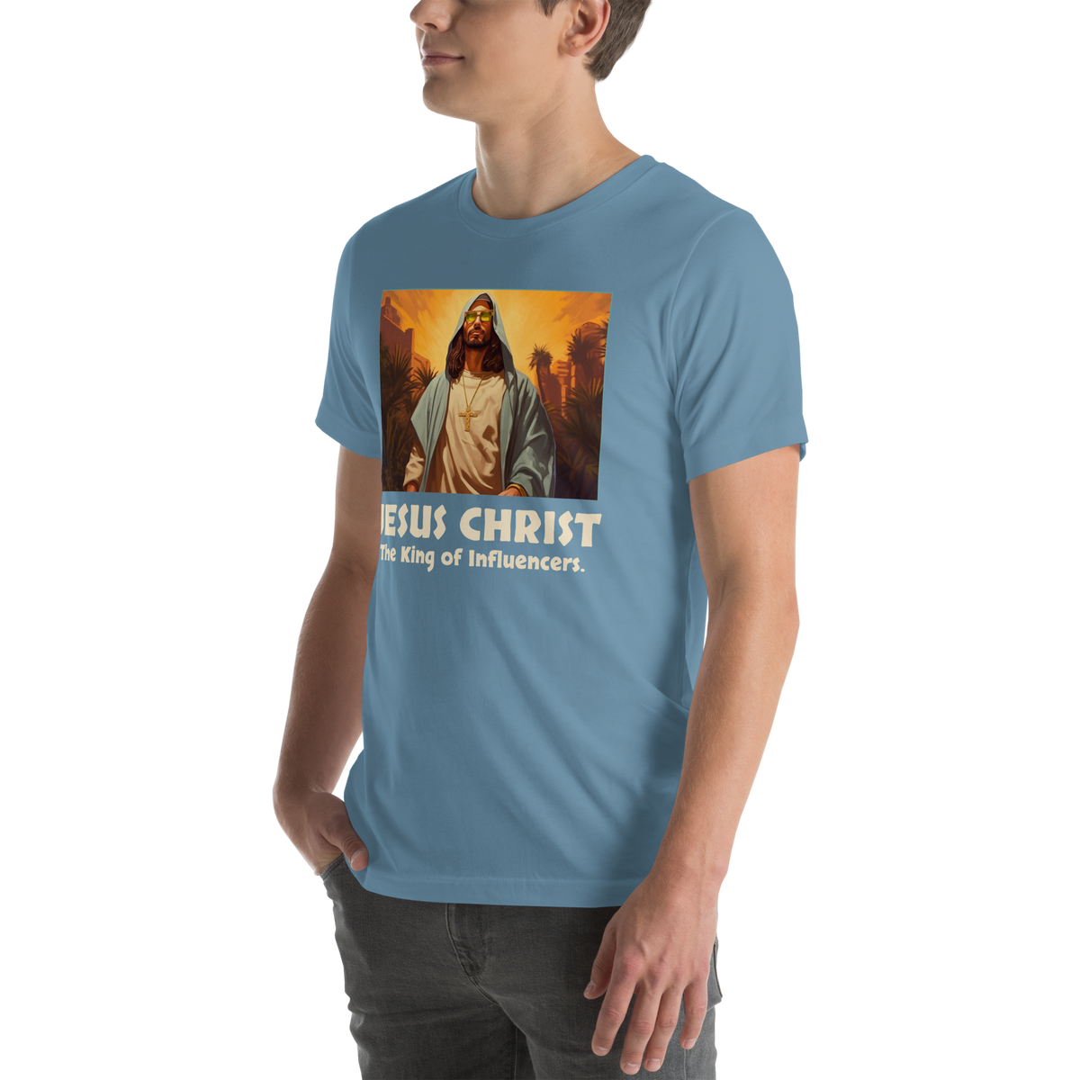 Jesus: King of Influencers Steel Blue Christian T-Shirt — steel blue, front view 7