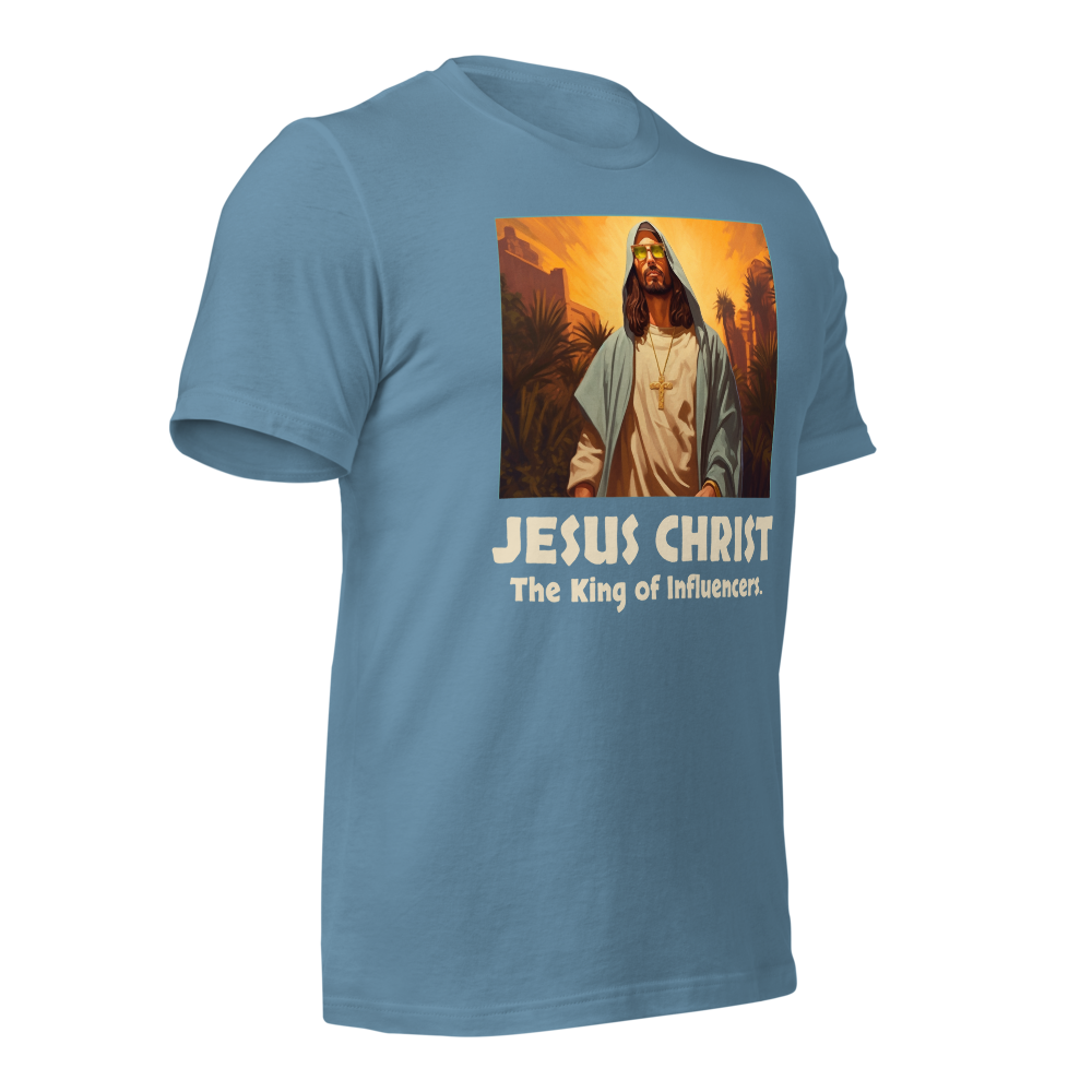 Jesus: King of Influencers Steel Blue Christian T-Shirt — steel blue, front view 3