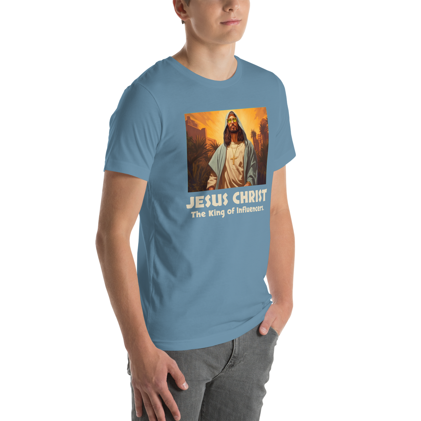 Jesus: King of Influencers Steel Blue Christian T-Shirt — steel blue, front view 8