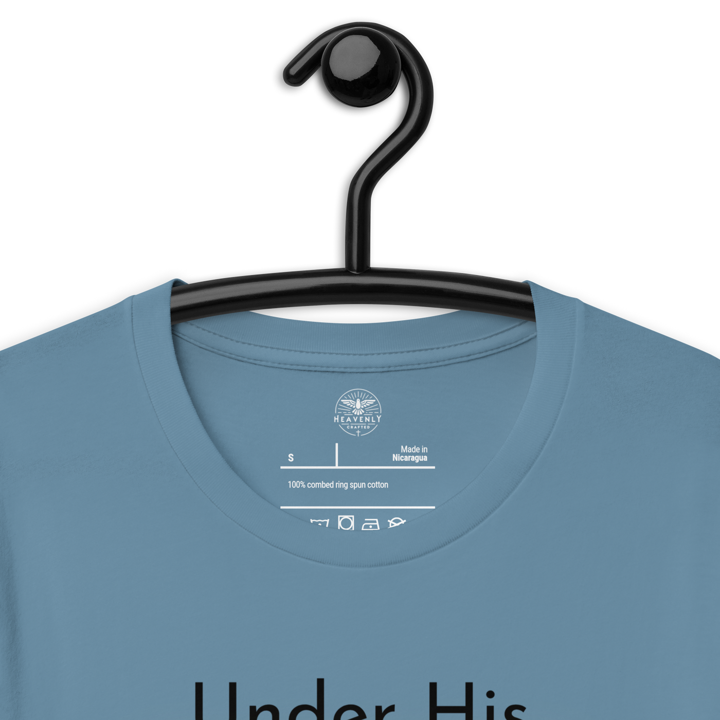 Under His Wings Psalm 91:4 Christian T-Shirt — steel blue, zoomed detail
