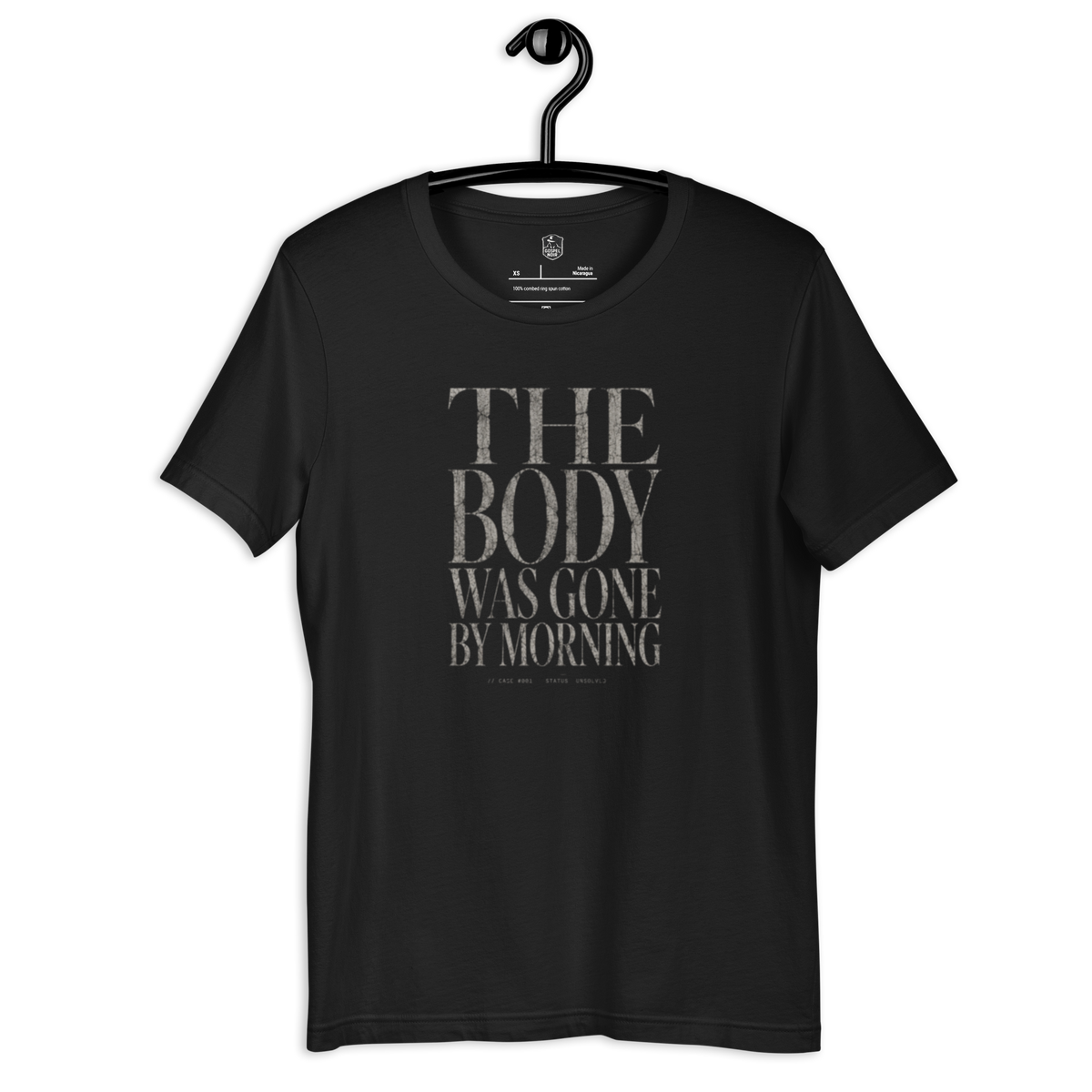 The Body Was Gone by Morning Christian T-Shirt — black, hanging view