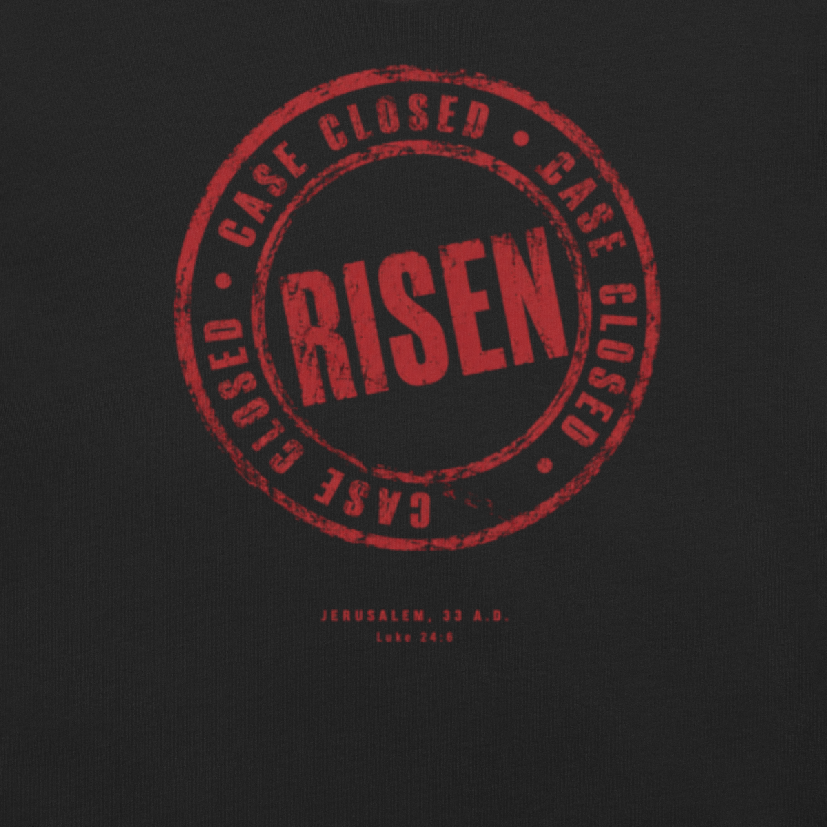 Case Closed: Risen John 3:16 Christian T-Shirt — black, design detail