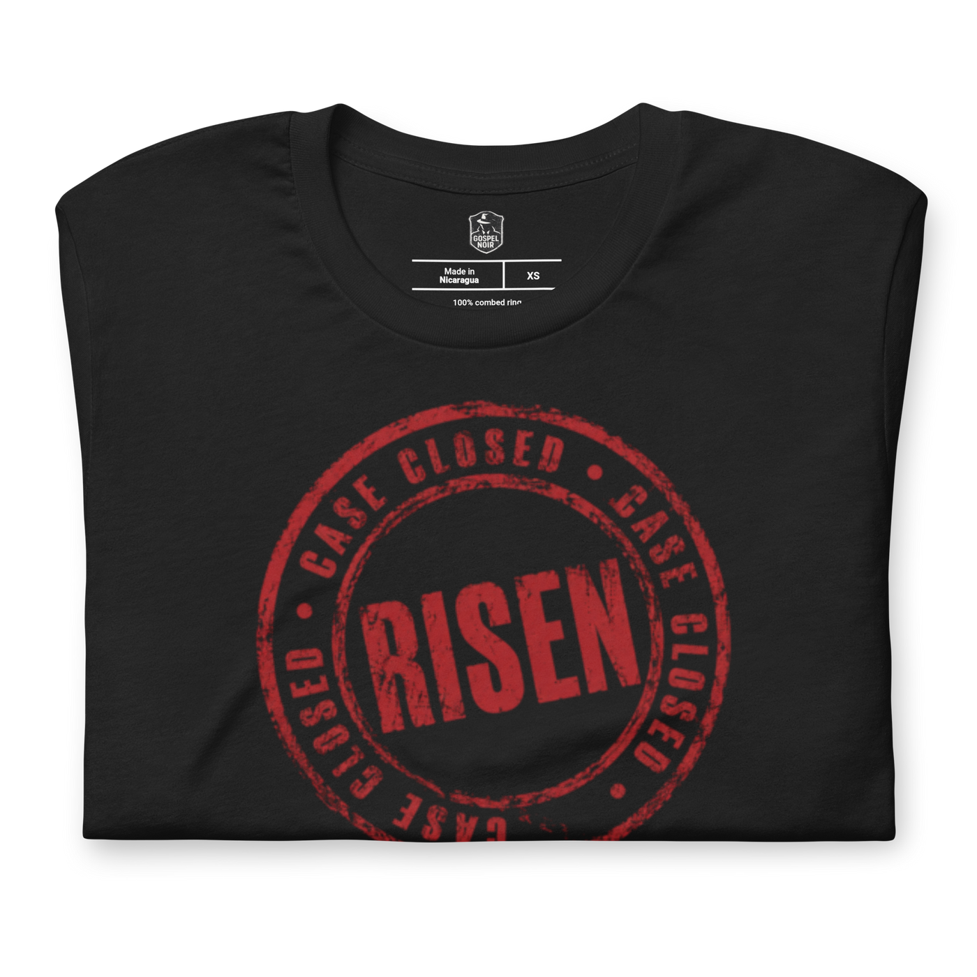 Case Closed: Risen John 3:16 Christian T-Shirt — black, folded view 2