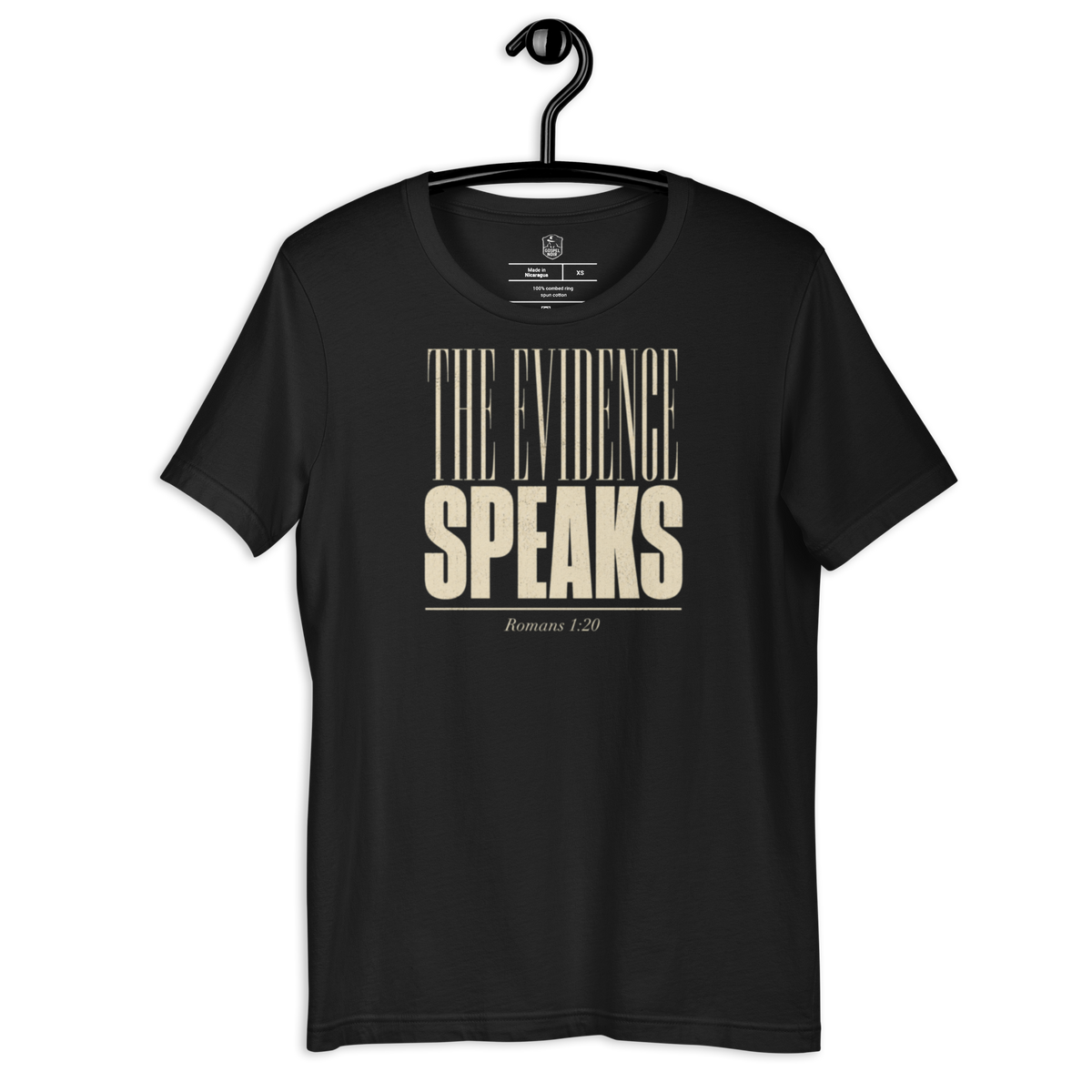 The Evidence Speaks Romans 1:20 Christian T-Shirt — black, hanging view