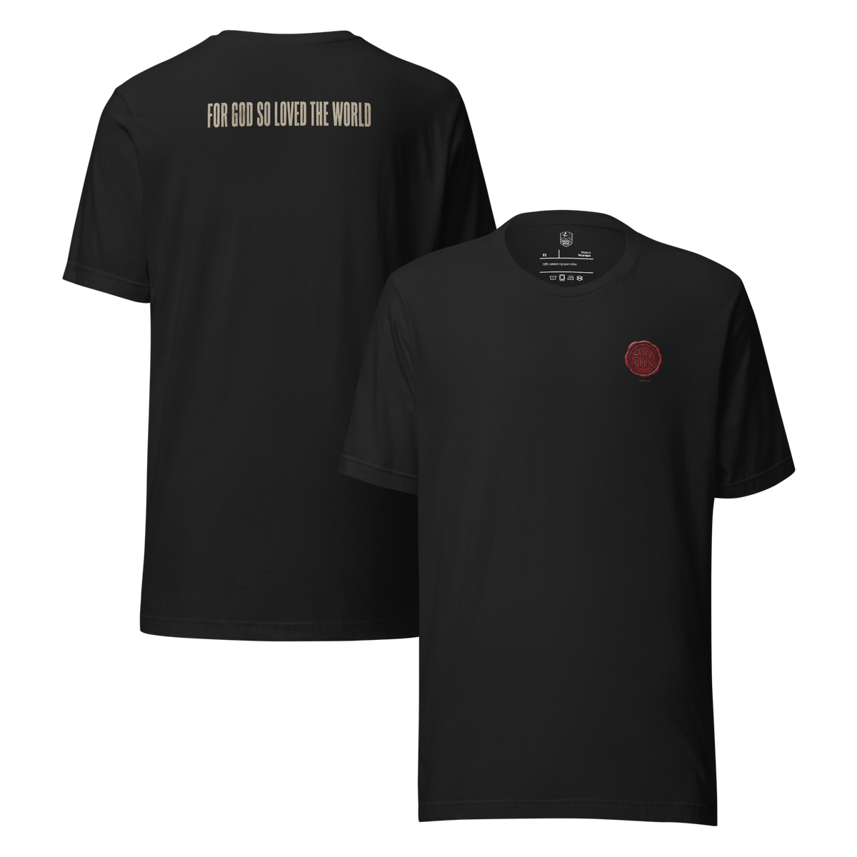 Still Open John 3:16 Christian T-Shirt – Vintage Black — vintage black, front and back views