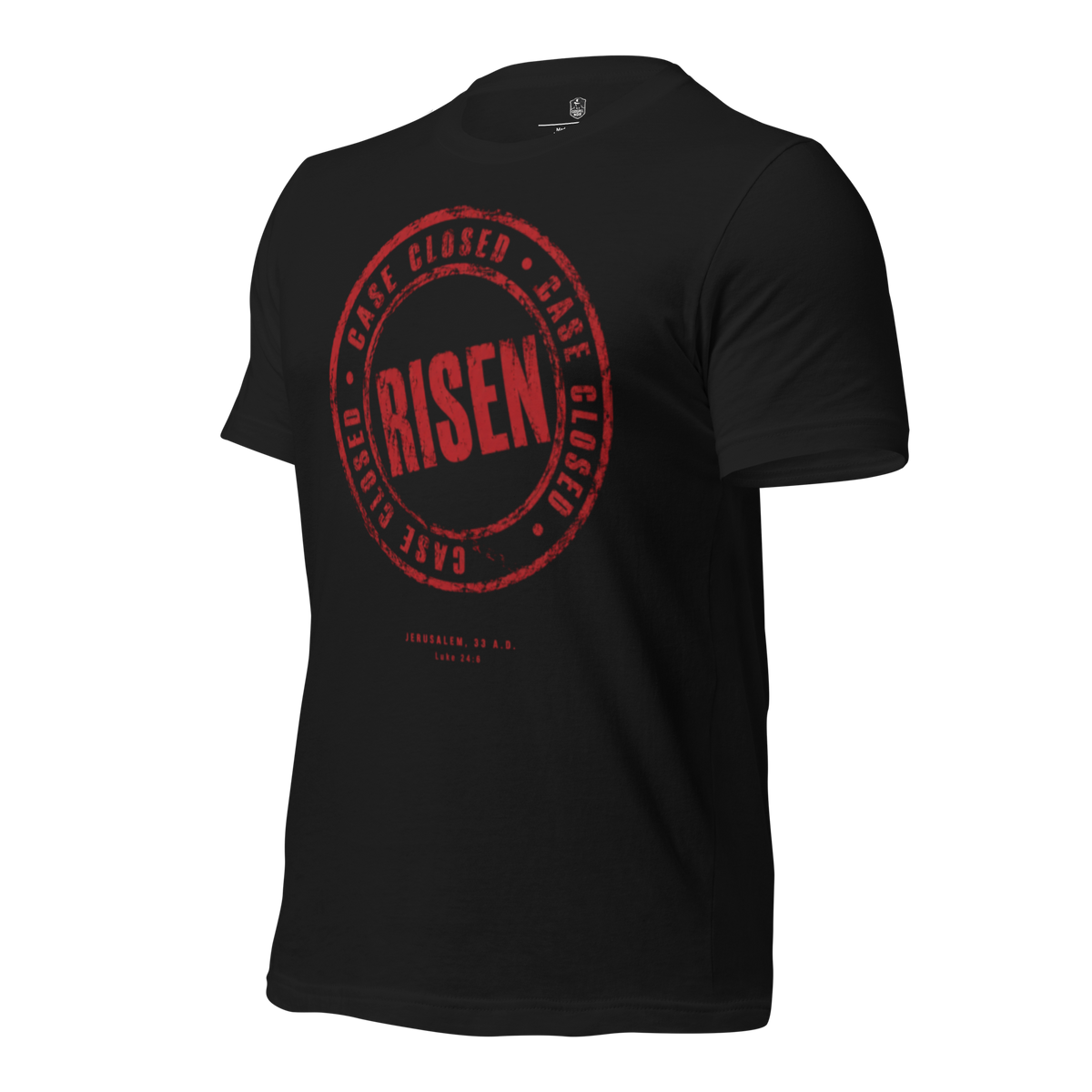 Case Closed: Risen John 3:16 Christian T-Shirt — black, left-side view