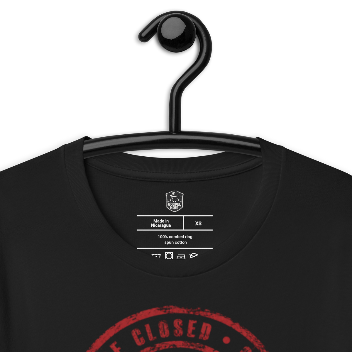 Case Closed: Risen John 3:16 Christian T-Shirt — black, hanging view