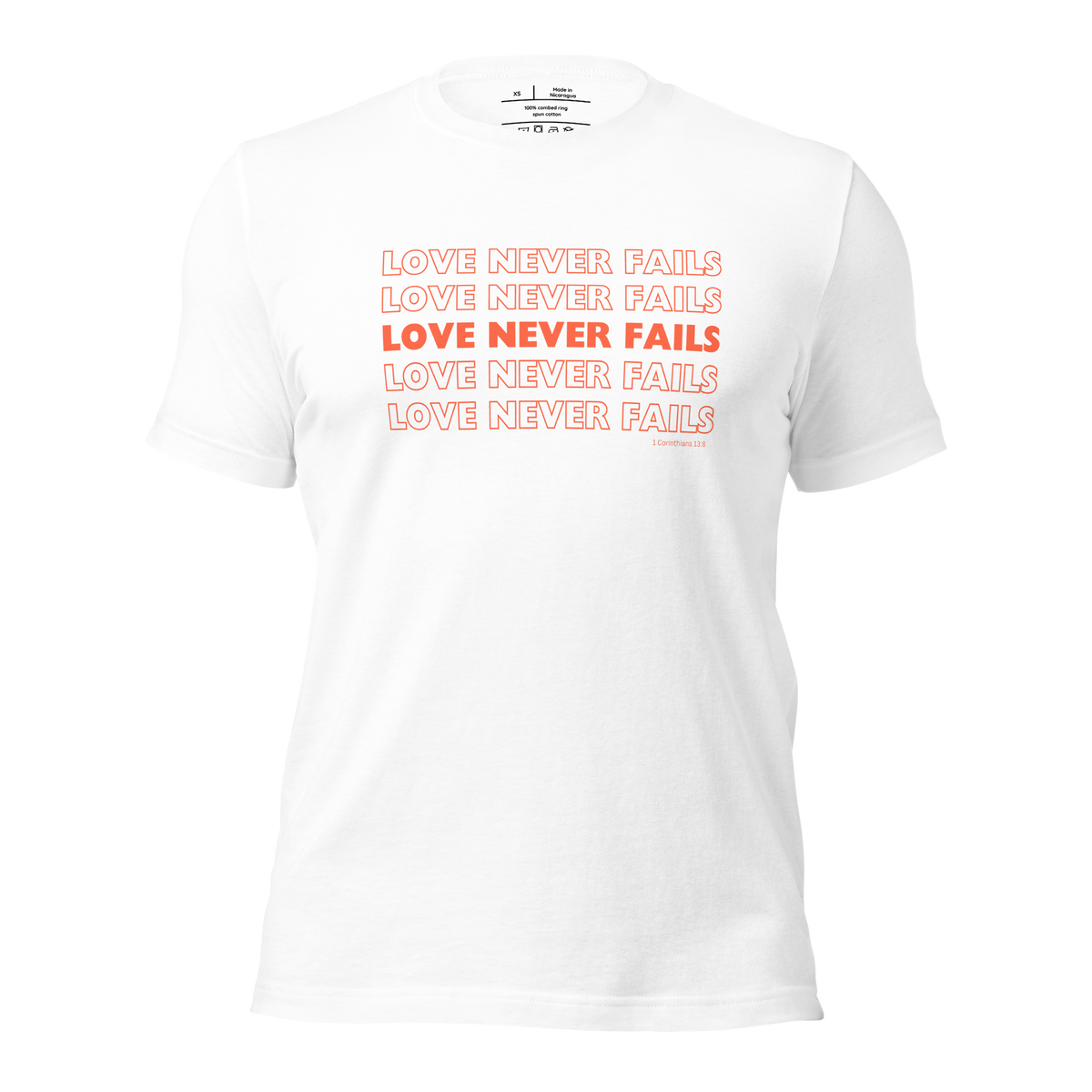 Love Never Fails 1 Corinthians 13:8 Christian T-Shirt — white, product mockup