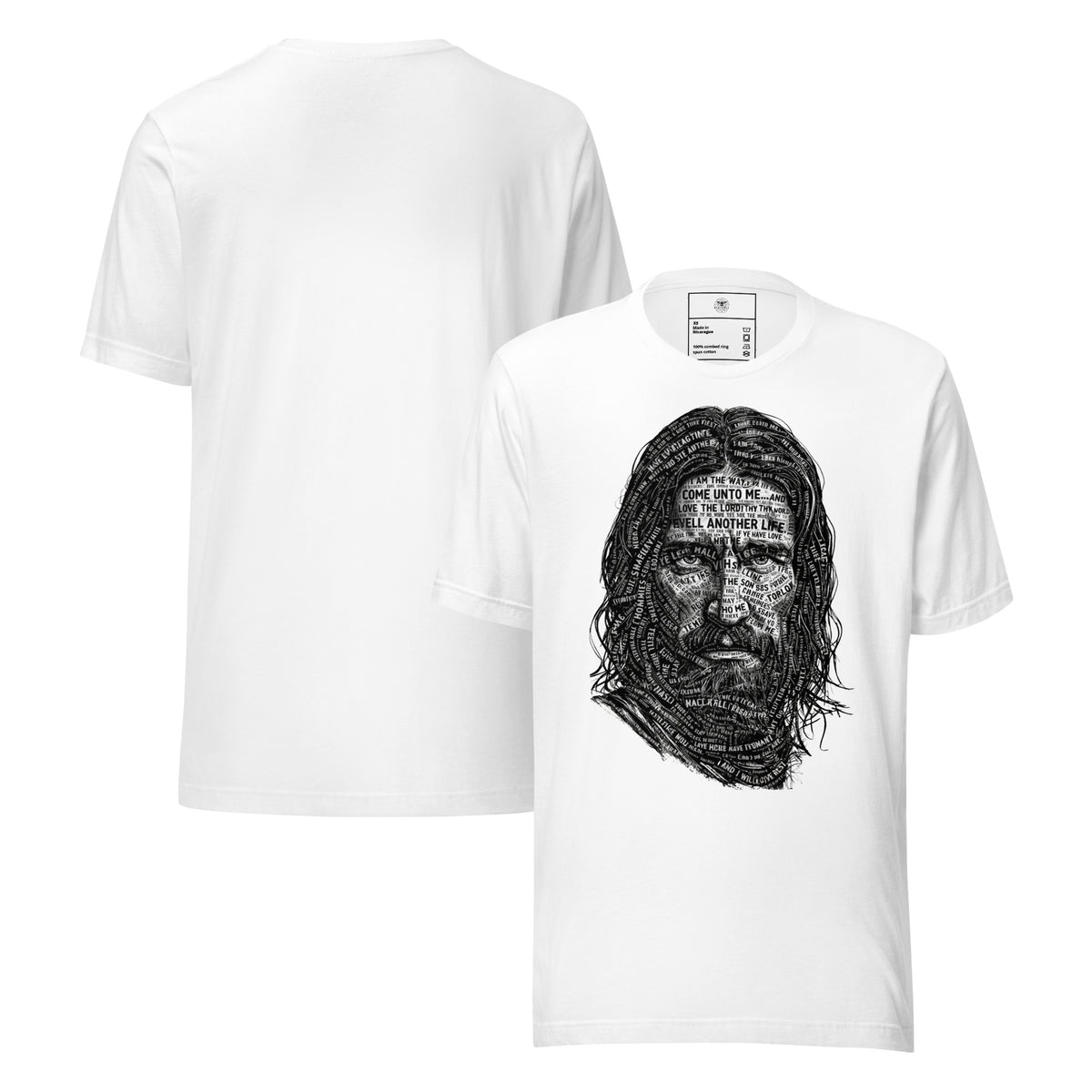 Words of Jesus Portrait T-Shirt – Christian Graphic Tee — white, front and back views