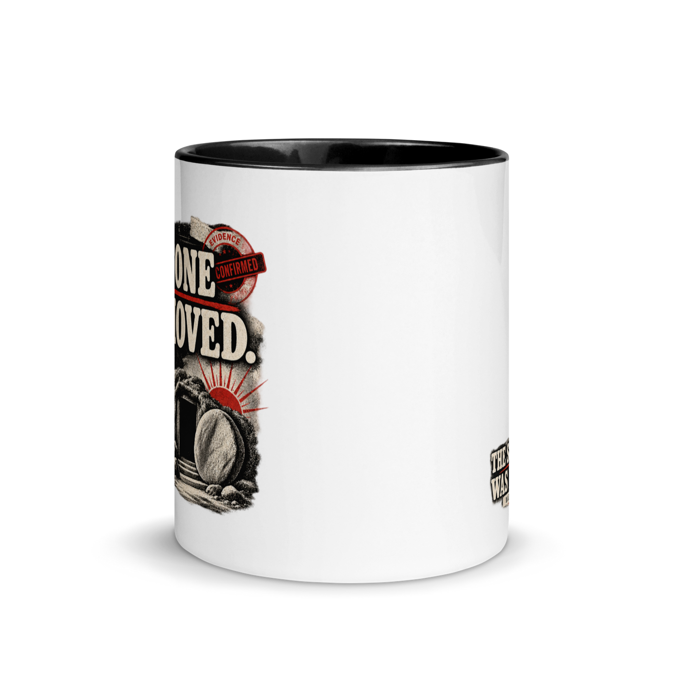 The Stone Was Moved Mark 16:4 Christian resurrection mug, front product view.