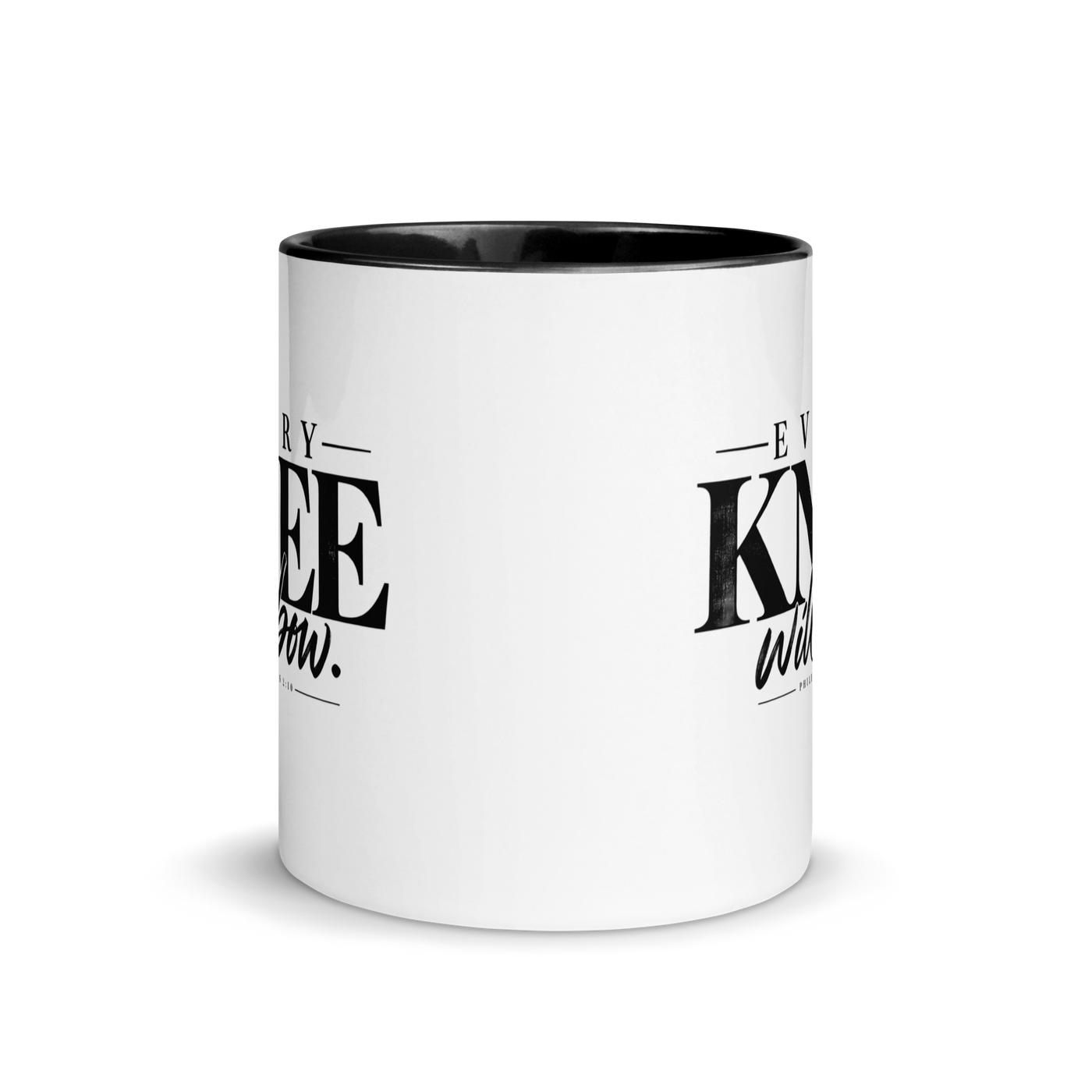 Every Knee Will Bow Christian mug inspired by Philippians 2:10, front product view.