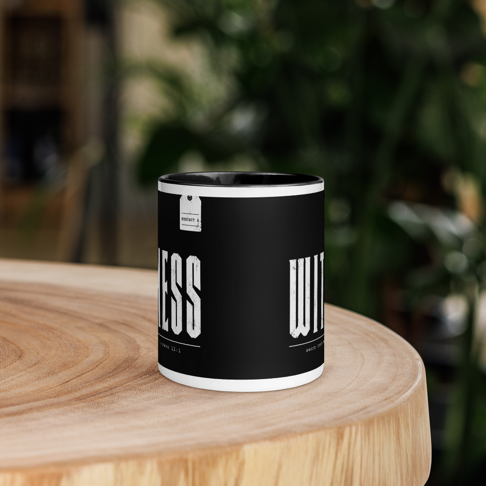 Witness Hebrews 12:1 Christian Mug – Black & White 11 oz — white, front side. Gospel Noir Christian coffee mug by Heavenly Crafted, film noir Christian mug